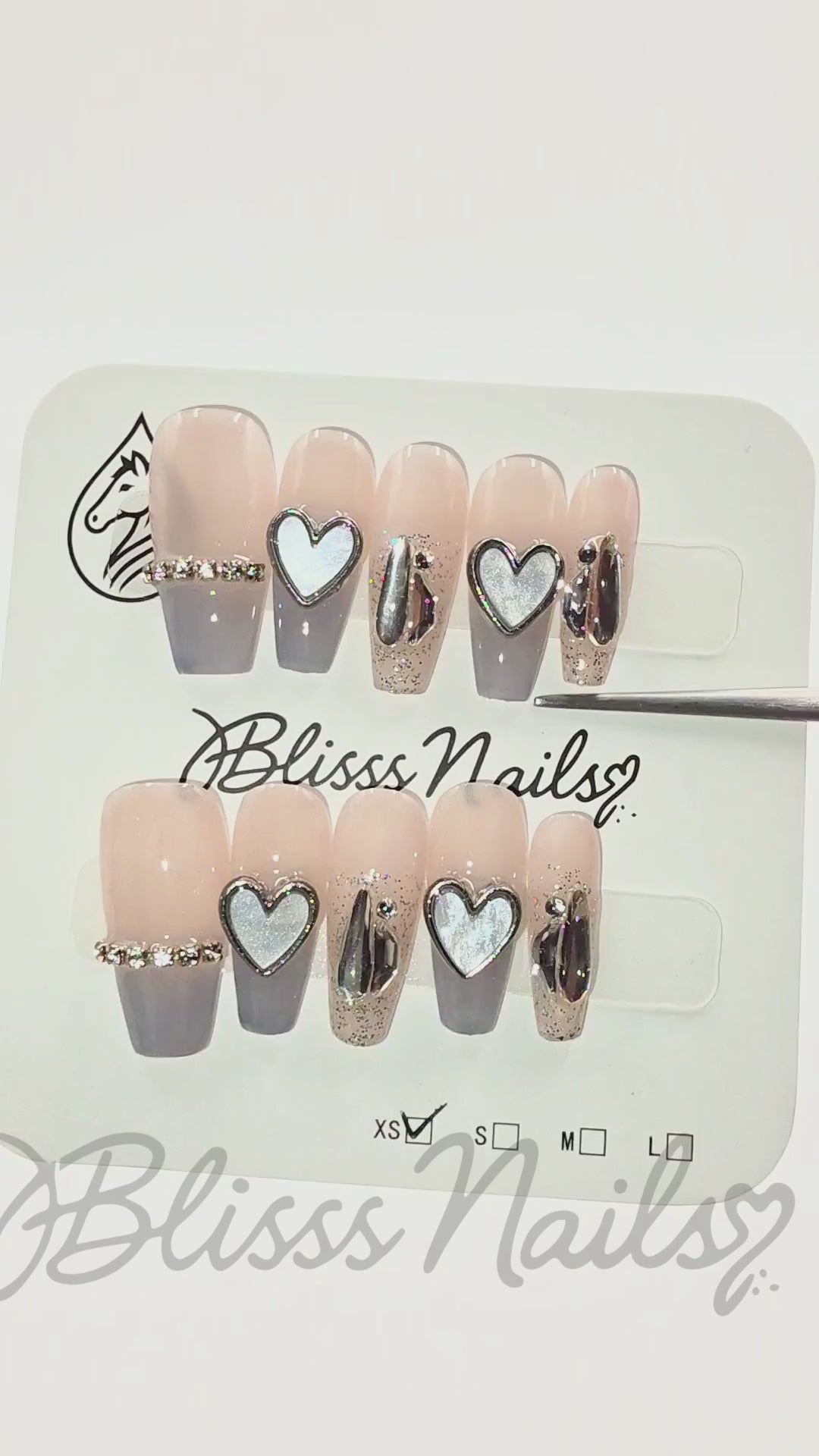 Blisss Nails Handmade Nude Grey Ombre Press On Nails – Long Coffin Reusable Artificial Fake Nails with Heart Charms & Rhinestones | Premium Luxury Nail Art 10 pc Nail Set