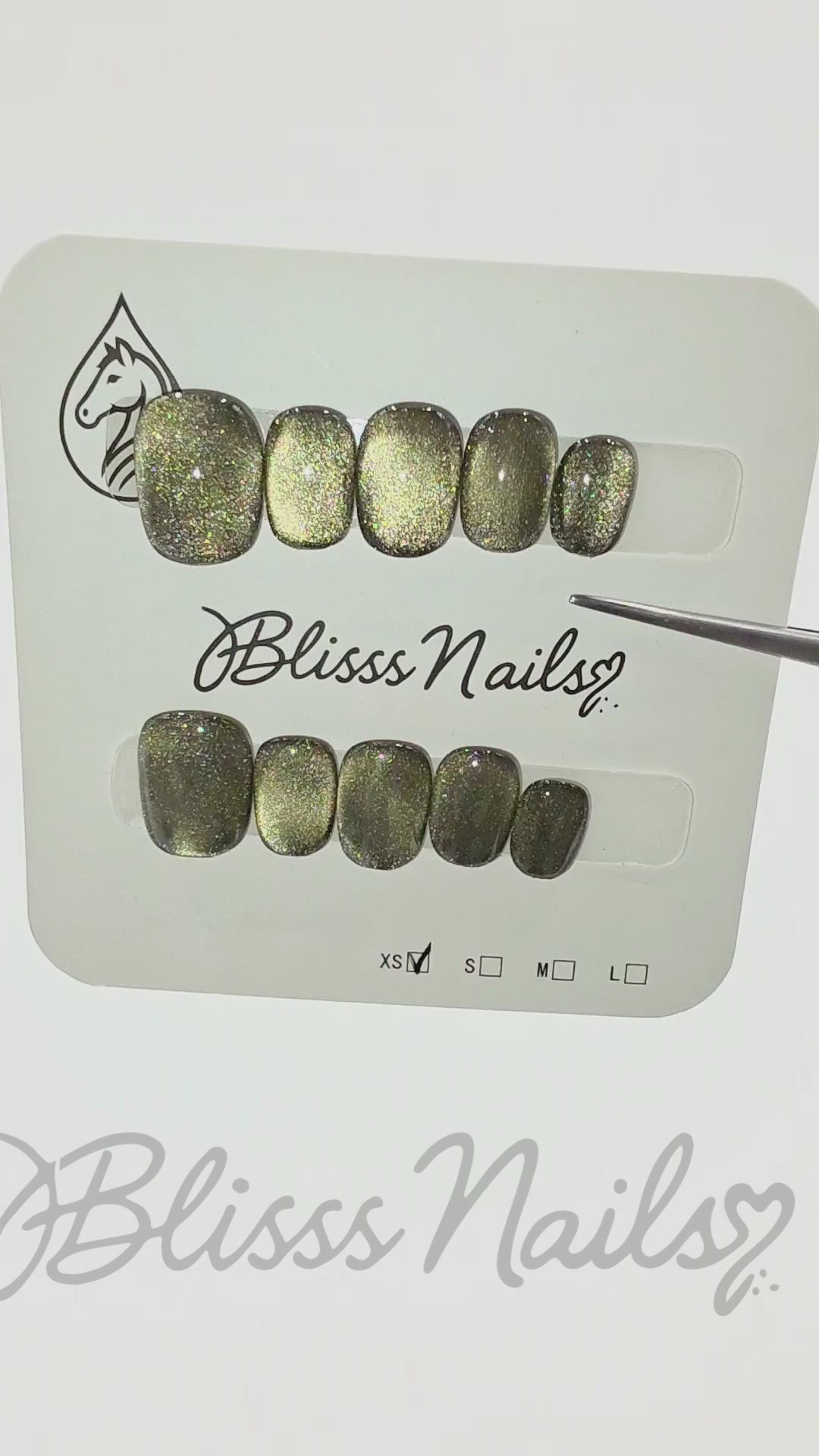 Blisss Nails Handmade Premium Press On Nails - Olive Green Graphite Cat Eye Magnetic Effect, Reusable Artificial Nails, Short Square Round Shape, Luxury Shimmer Finish Salon-Quality Fake Nails 10 Pcs Nail Set