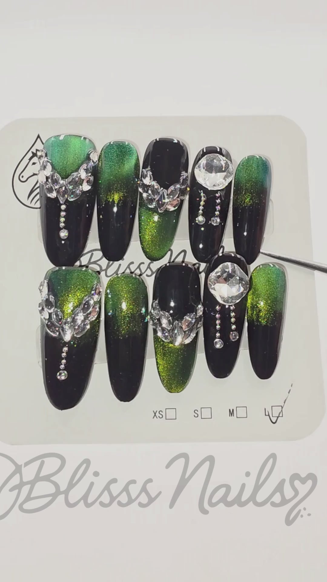 Blisss Nails Coffin Shape with Cat Eye Effect Emerald Green & Black Crystal Ombre Luxury 10 Pcs Nail Set
