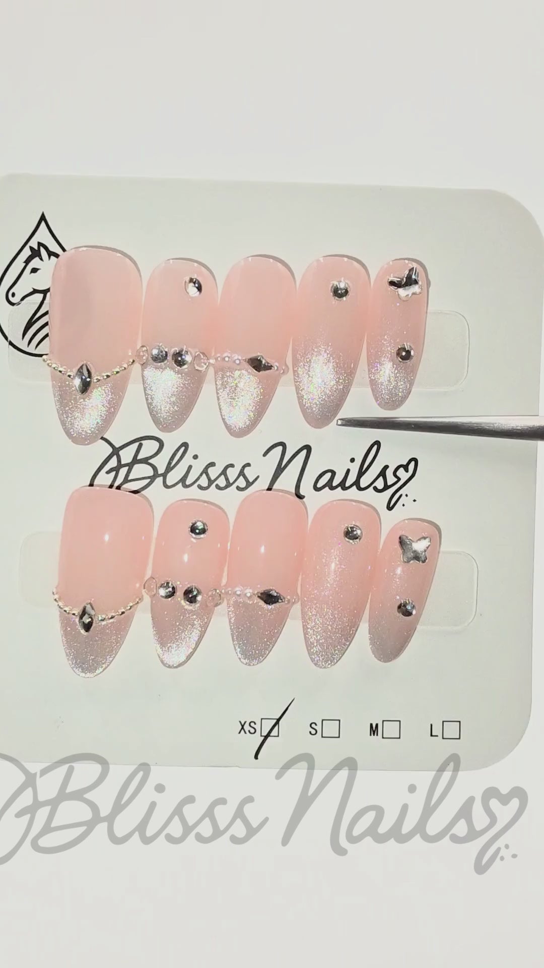 Blisss Nails Premium Handmade Pink Ombre with Cat Eye Effect Fake Nails – Medium Almond Artificial Reusable Press On Nails with Rhinestone Chain & Star Charm Design | Glossy Salon Finish 10 pc Nails Set