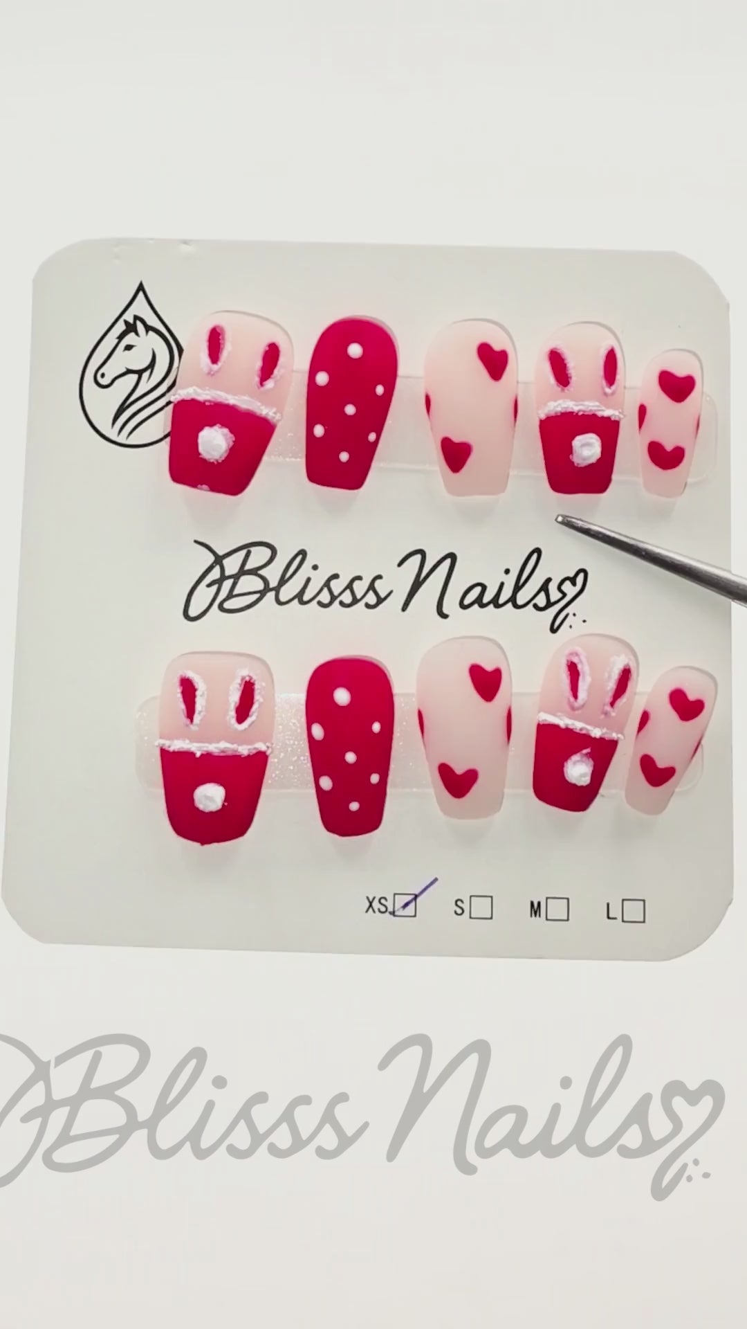 Blisss Nails Premium Handmade Matte Red & Nude Cute Fake Nails – Short coffin Artificial Reusable Press On Nails with Hearts, Polka Dots & Bunny Design for Women | Salon Finish 10 pc Nails Set