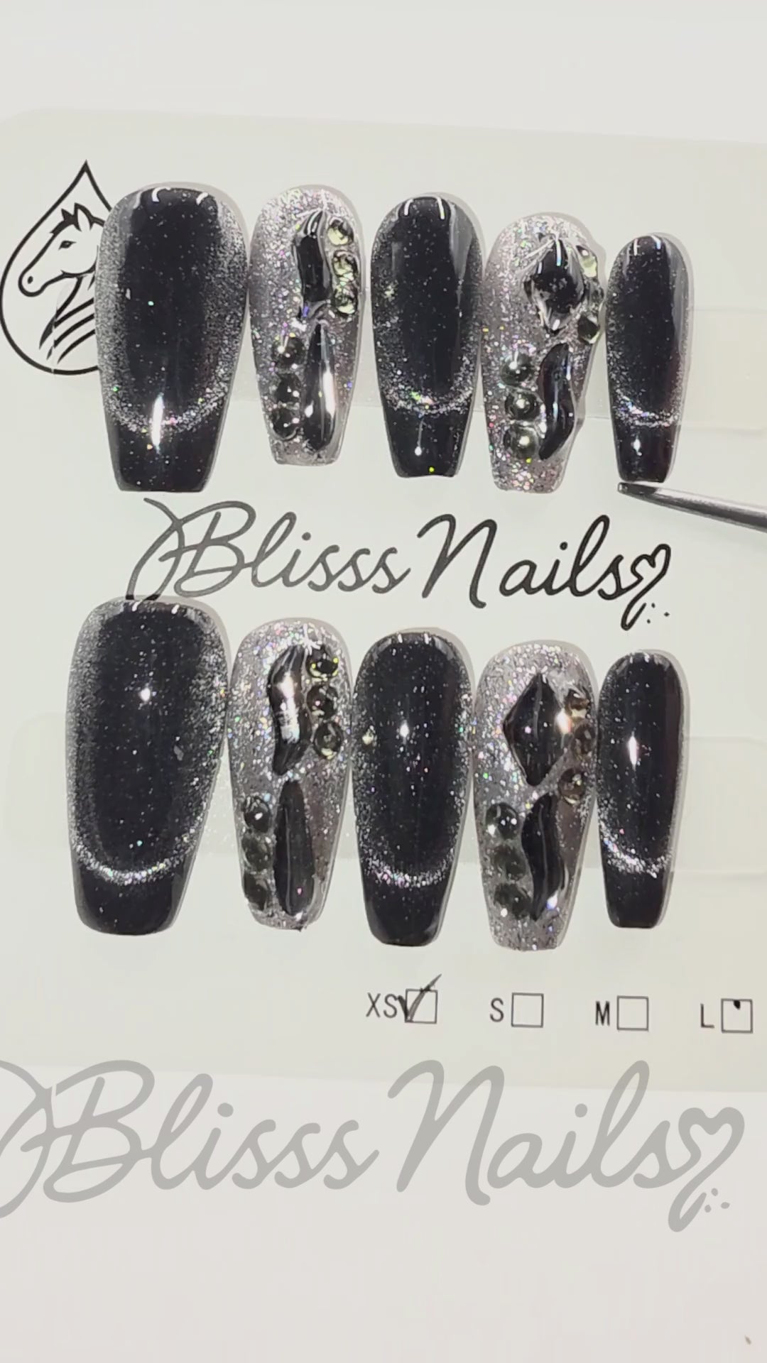 Blisss Nails Handmade Black Glitter Ombre with Cat Eye Effect Press On Nails – Long Coffin Reusable Artificial Fake Nails with Rhinestones & Chrome Accents | Premium Luxury Nail Art 10 pc Nails Set