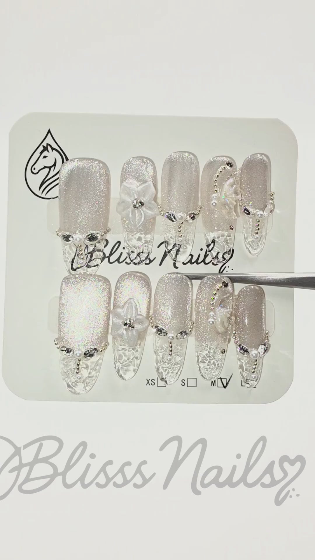 Blisss Nails Premium Handmade Pearl White wih Cat Eye Effect Fake Nails – Long Oval Artificial Reusable Press On Nails with 3D Flower & Rhinestones for Women | Luxury Bridal Salon Finish 10 pc Nails Set