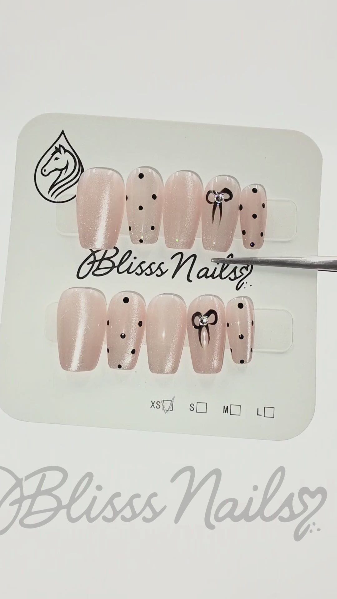 Blisss Nails Handmade Nude Polka Dot Press On Nails – Short Coffin Reusable Artificial Fake Nails with Bow Accent | Premium Cute Minimal Nail Art 10 pc Nails Set