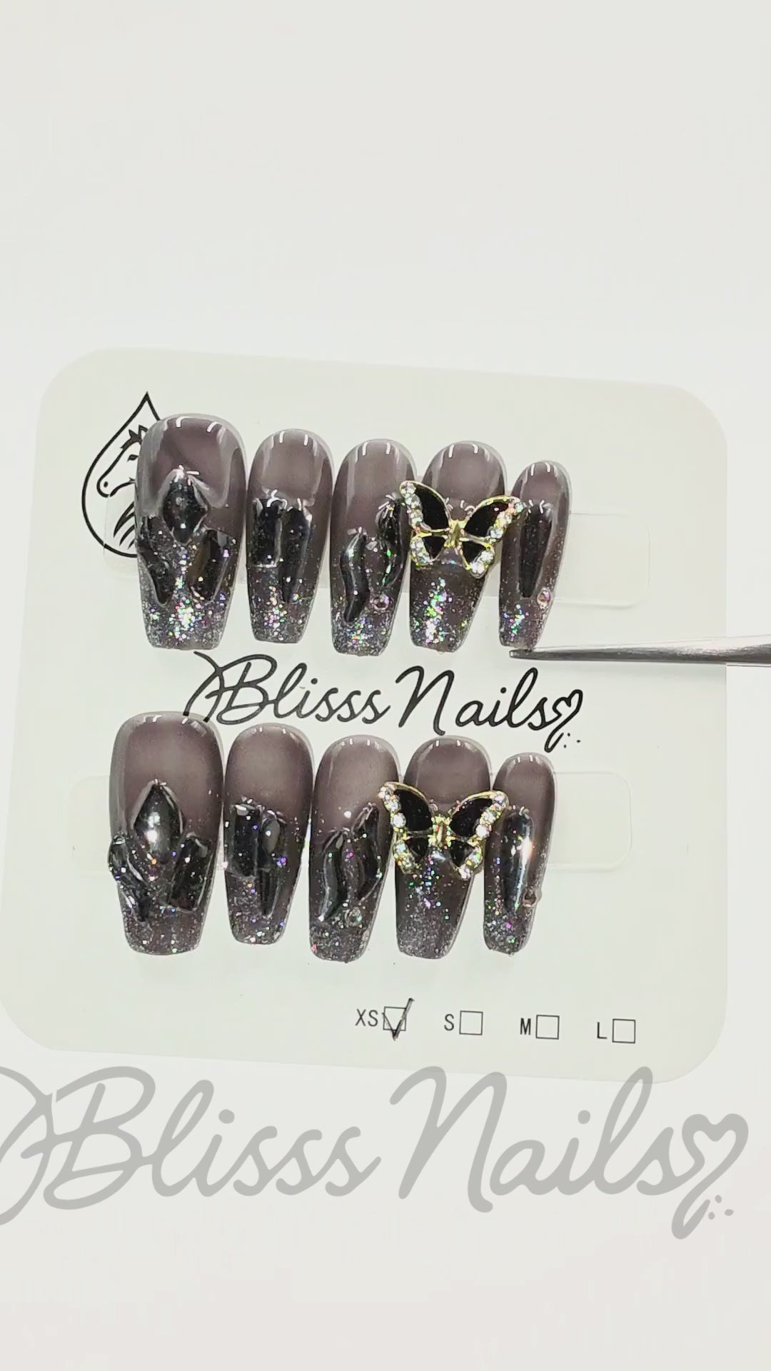 Blisss Nails Handmade Black Ombre Glitter Press On Nails – Long Coffin Reusable Artificial Fake Nails with 3D Butterfly Charm | Premium Luxury Nail Art 10 pc Nail Set