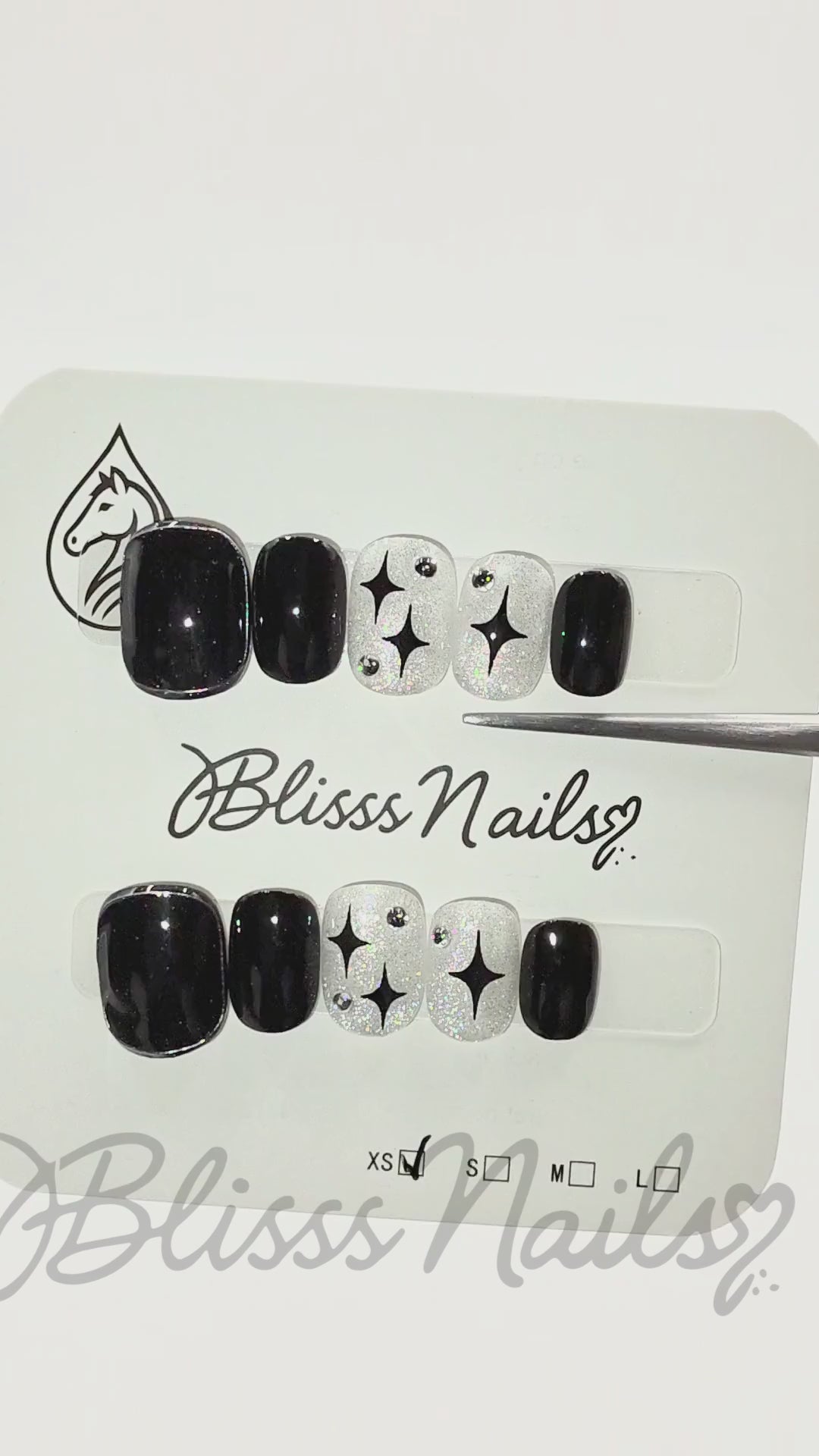 Blisss Nails Premium Handmade Black & Silver Fake Nails – Short Square Artificial Reusable Press On Nails with Glitter Star Design for Women | Salon Finish  10 pc Nail Set