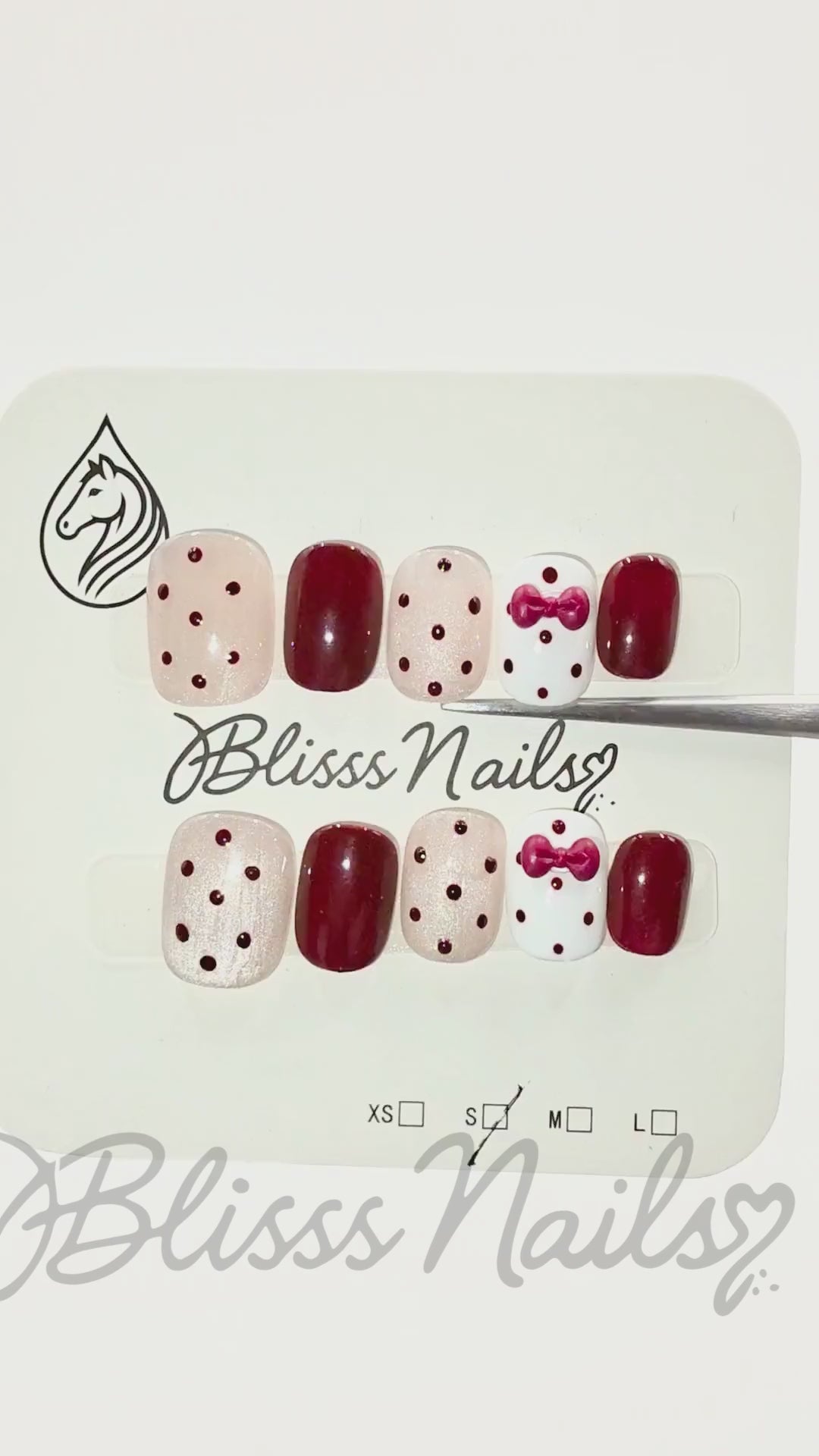 Blisss Nails Premium Handmade Burgundy Polka Dot Fake Nails – Short Square Artificial Reusable Press On Nails with Bow Accent for Women | Cute Salon Finish 10 pc Nail set