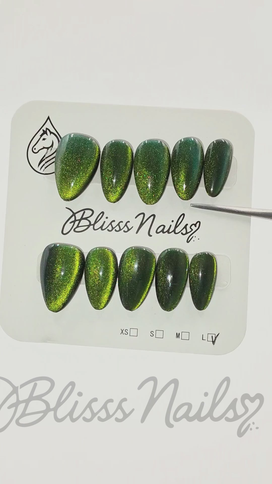 Blisss Nails' Press On Nails  Green Almond Cat Eye Effect Almond Shape