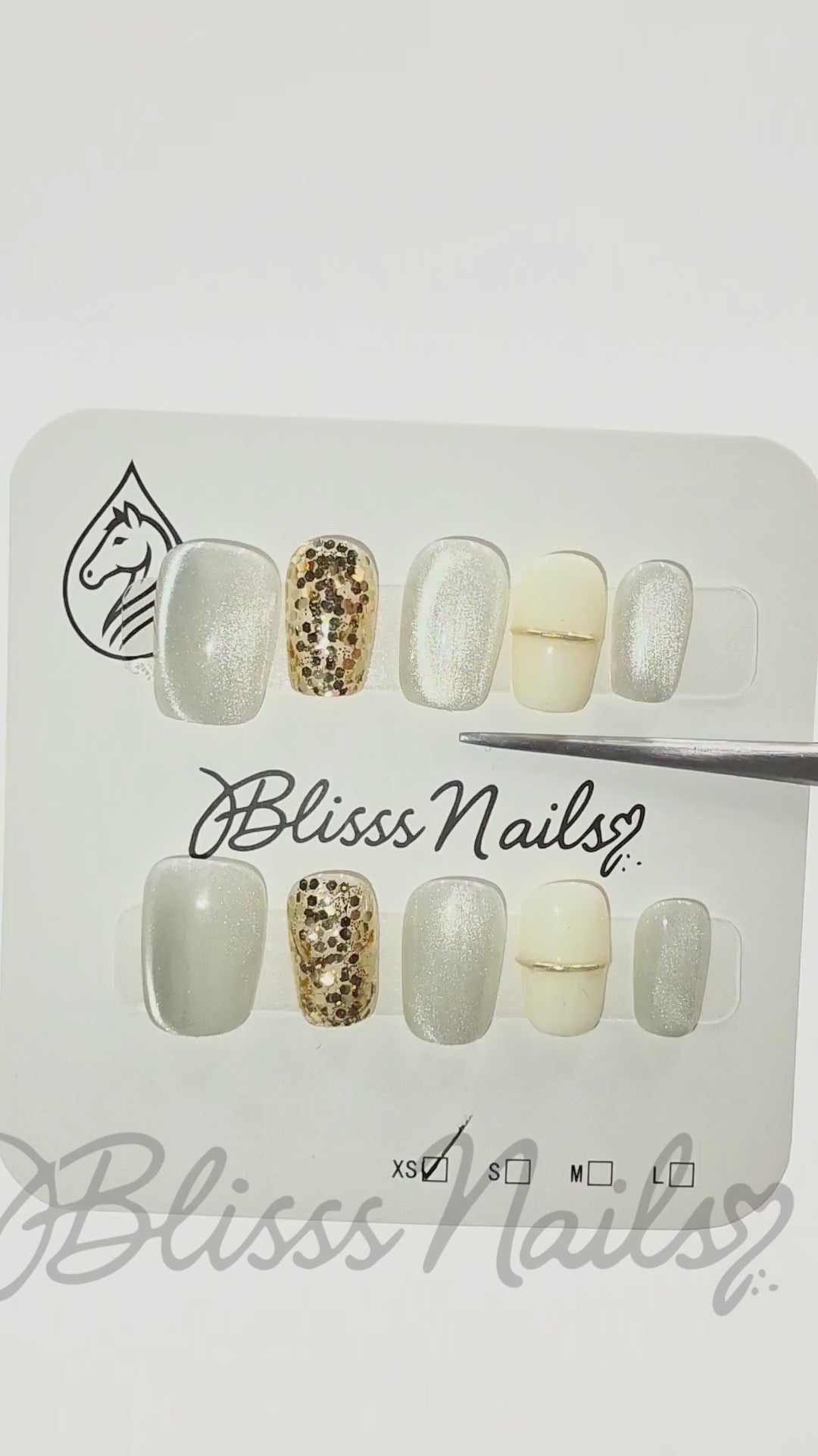 Blisss Nails Handmade White/Silver with Cat Eye Effect & Gold Glitter Press On Nails – Short Coffin Reusable Artificial Fake Nails | Premium Minimal Luxury Nail Art 10 pc Nails Set