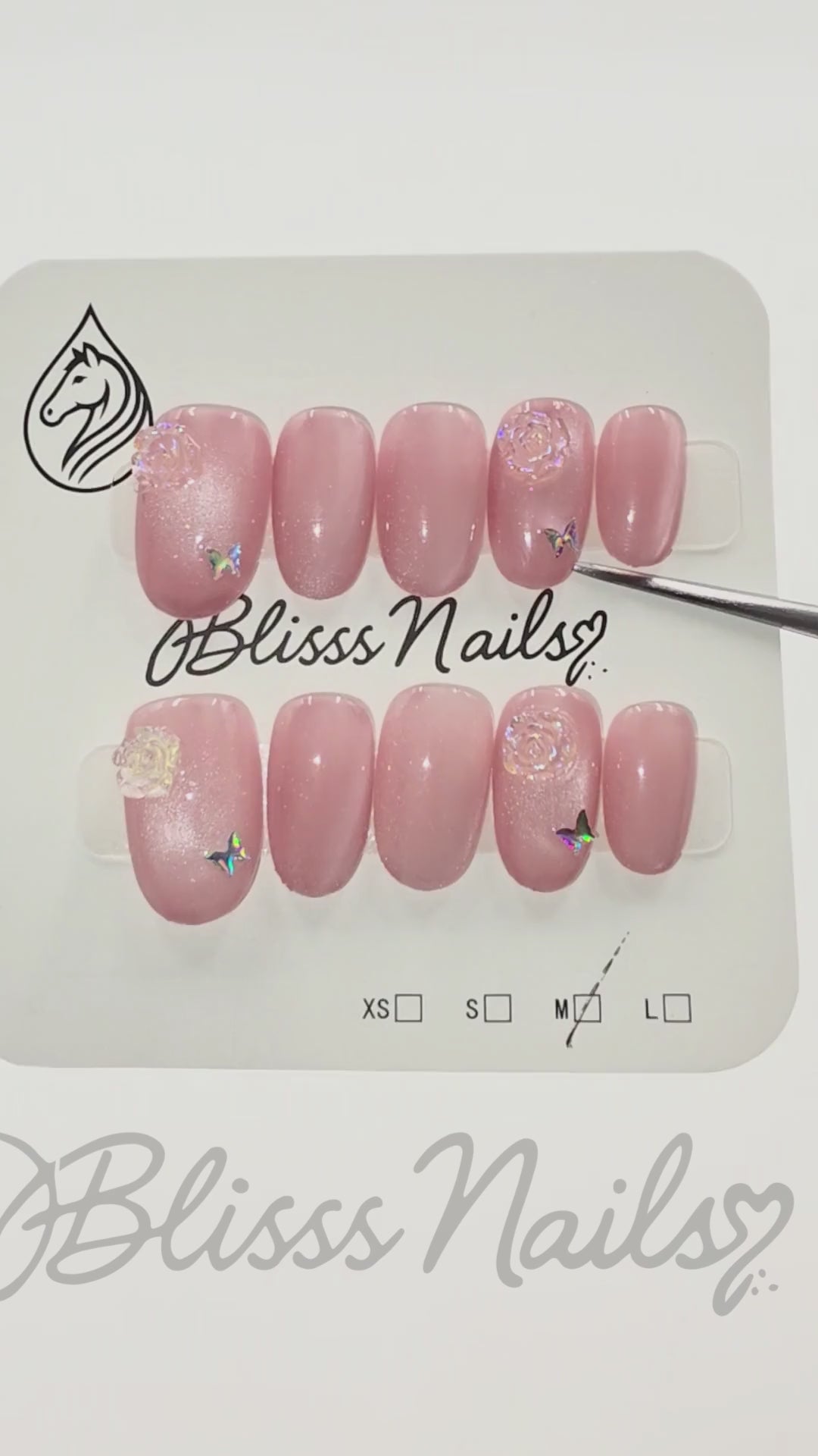 Blisss Nails Handmade Soft Pink with Cat Eye Effect Press On Nails – Oval Reusable Artificial Fake Nails with 3D Rose & Butterfly Accent | Premium Salon Finish 10 pc Nails Set