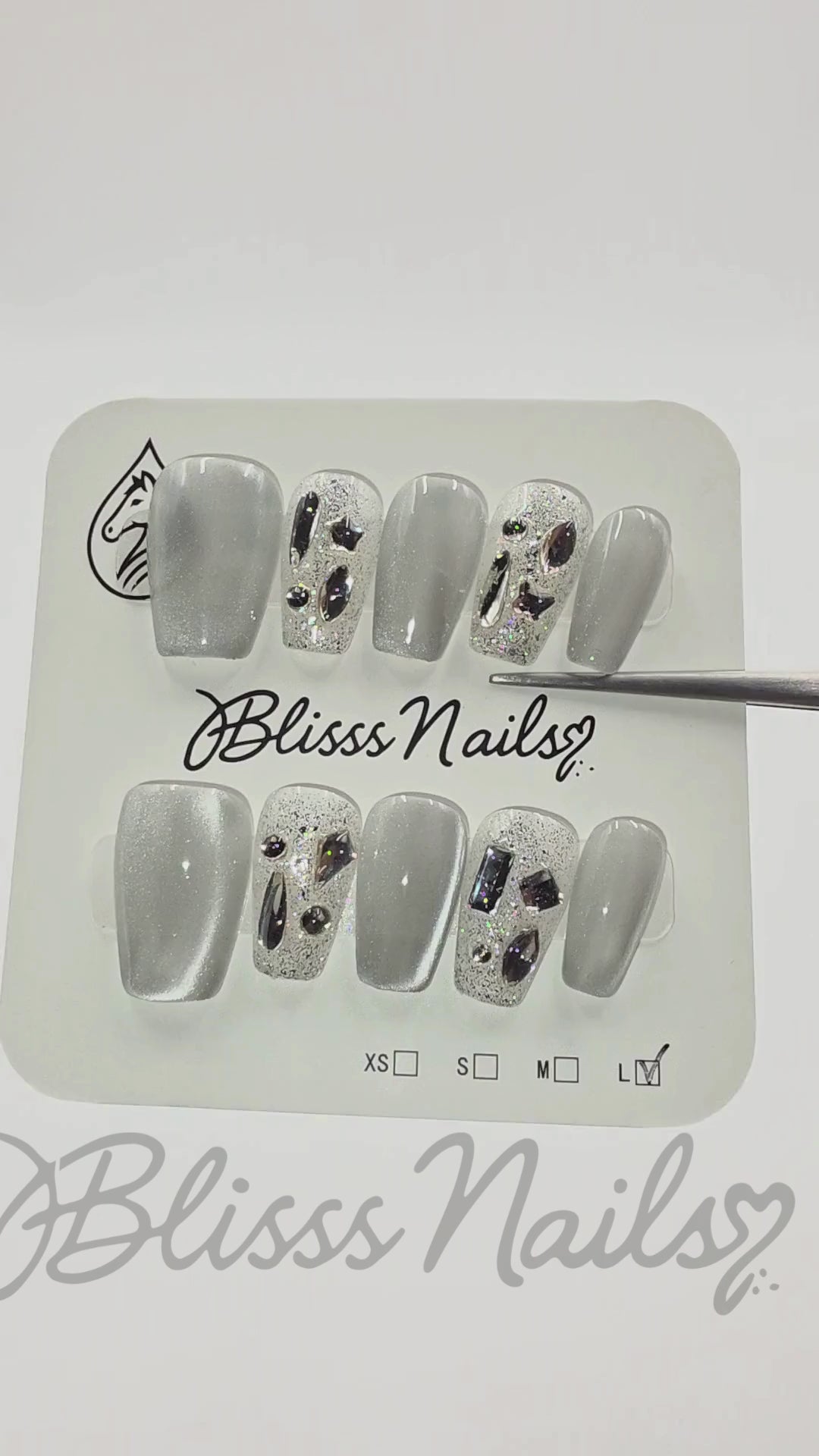 Blisss Nails Handmade Grey With Cat Eye Effect and Glitter Rhinestone Press On Nails – Short Coffin Reusable Artificial Fake Nails with Crystal Nail Art | Premium Elegant Nail Design 10 Pc Nail Set