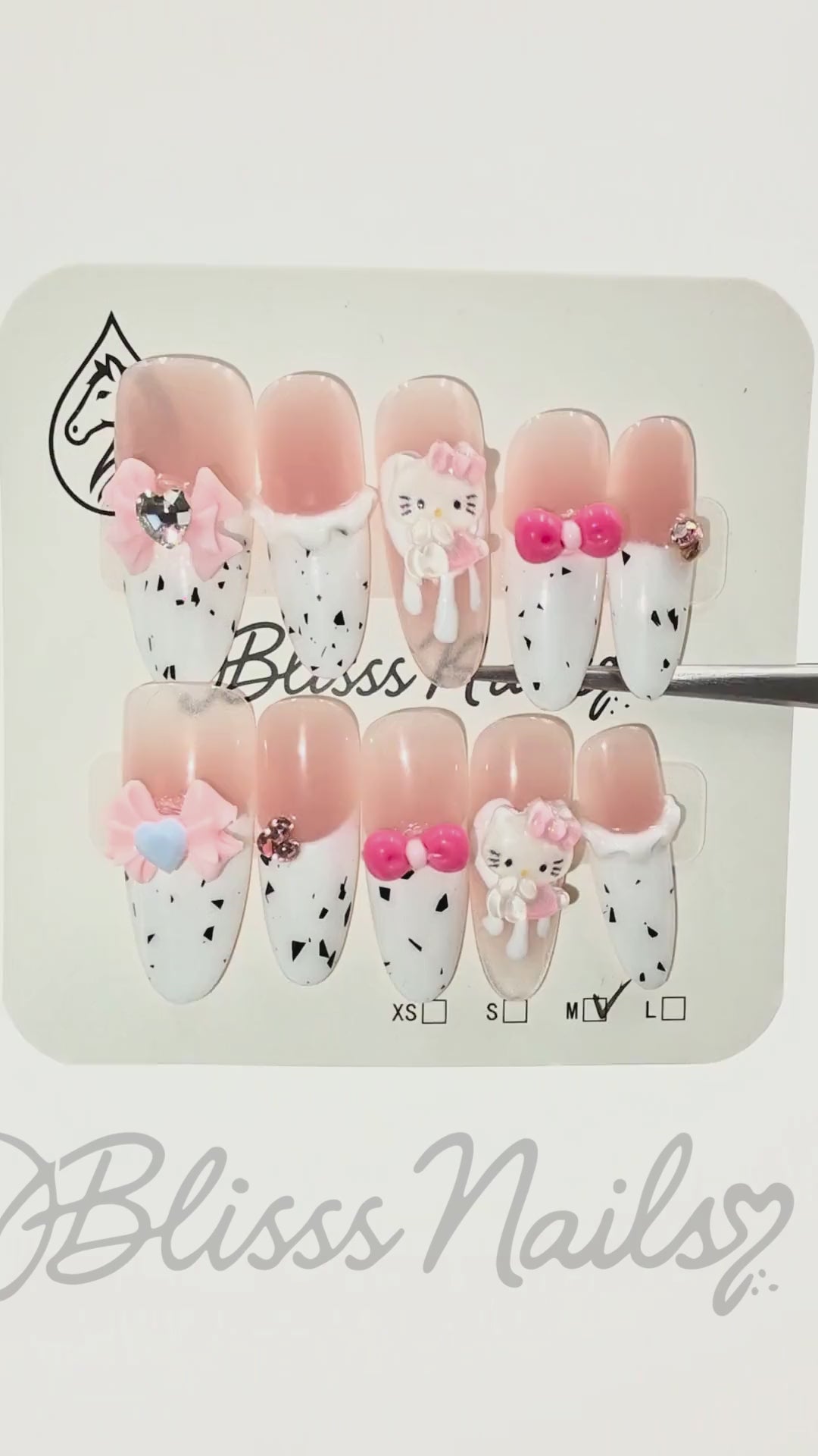 Blisss Nails Premium Handmade Cute Cartoon Fake Nails – Long Almond Artificial Reusable Press On Nails with 3D Bow, Kitty & Rhinestones for Women | Glossy Salon Finish 10 pc Nails Set