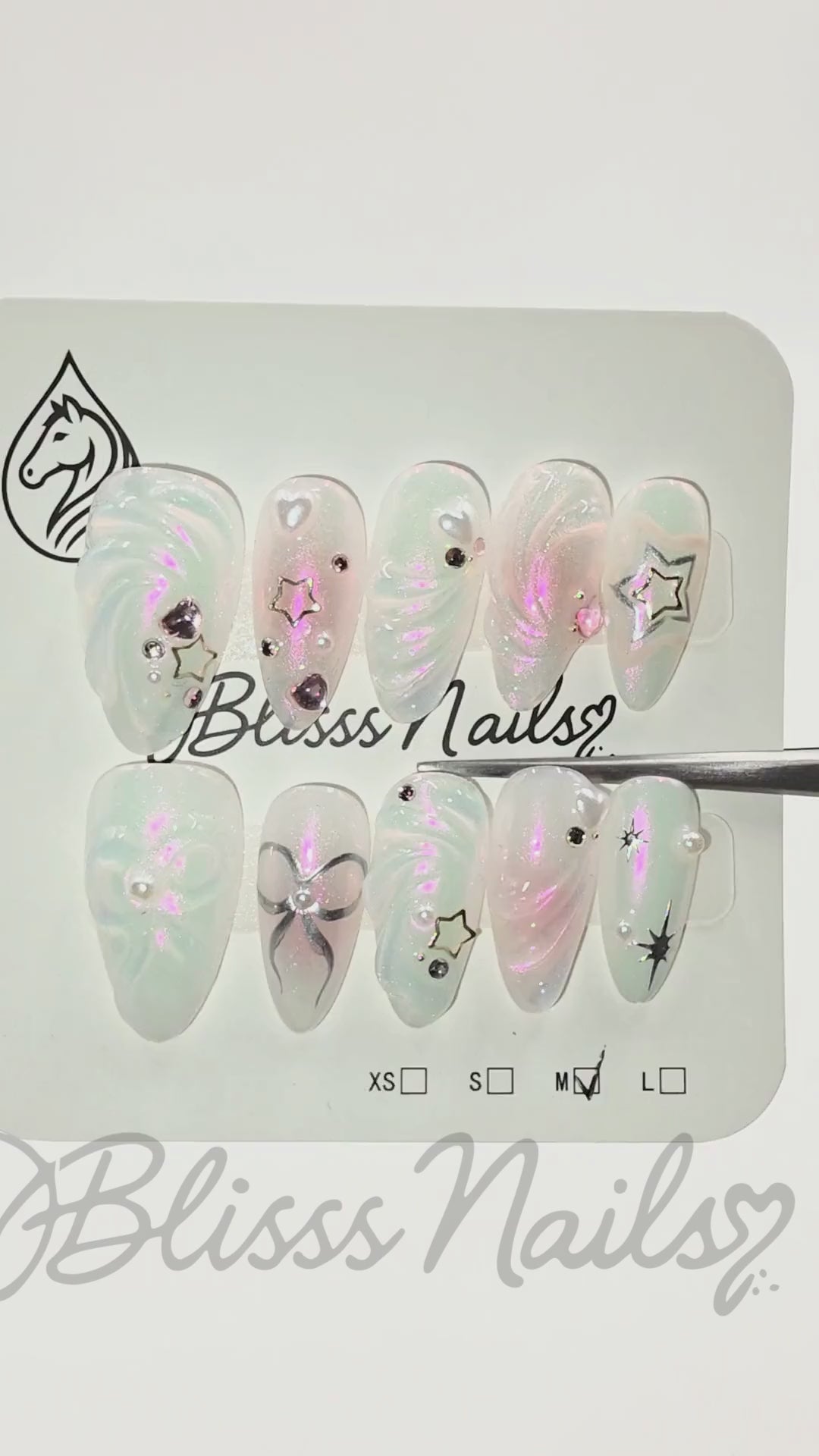 Blisss Nails Premium Handmade Pastel Swirl Fake Nails – Long Almond Artificial Reusable Press On Nails with Rhinestones & Star Charms for Women | Glossy Salon Finish 10 pc Nail Set
