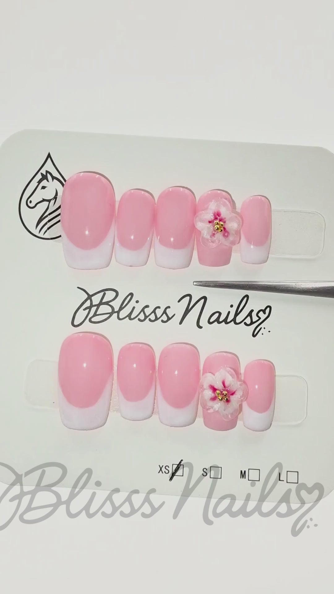Blisss Nails Handmade Pink French Tip Press On Nails – Medium Square Reusable Artificial Fake Nails with 3D Flower Accent | Premium Elegant Nail Art 10 Pc Nails Set