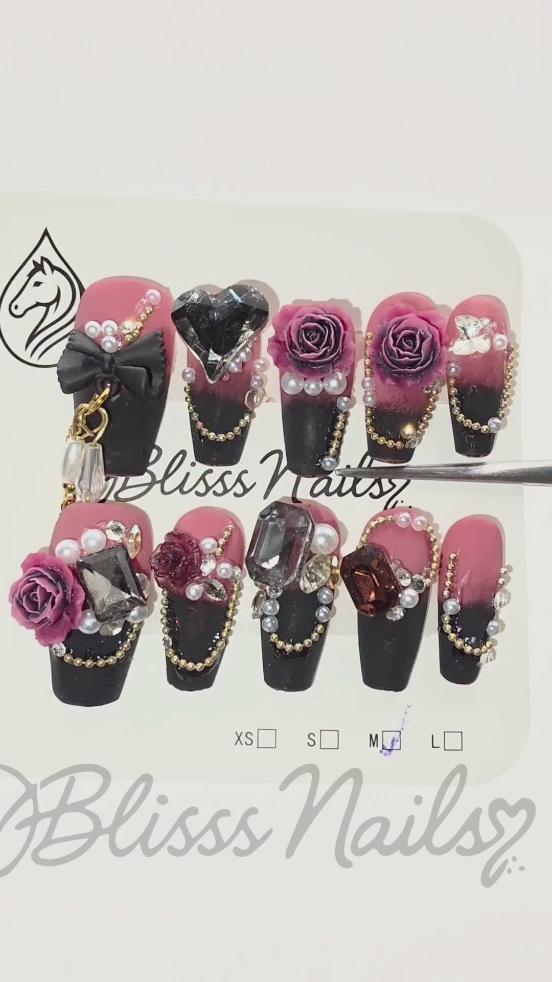 Blisss Nails Press on Nails Coffin Shape Burgundy & Black Luxury Floral 10 Pcs Nail Set