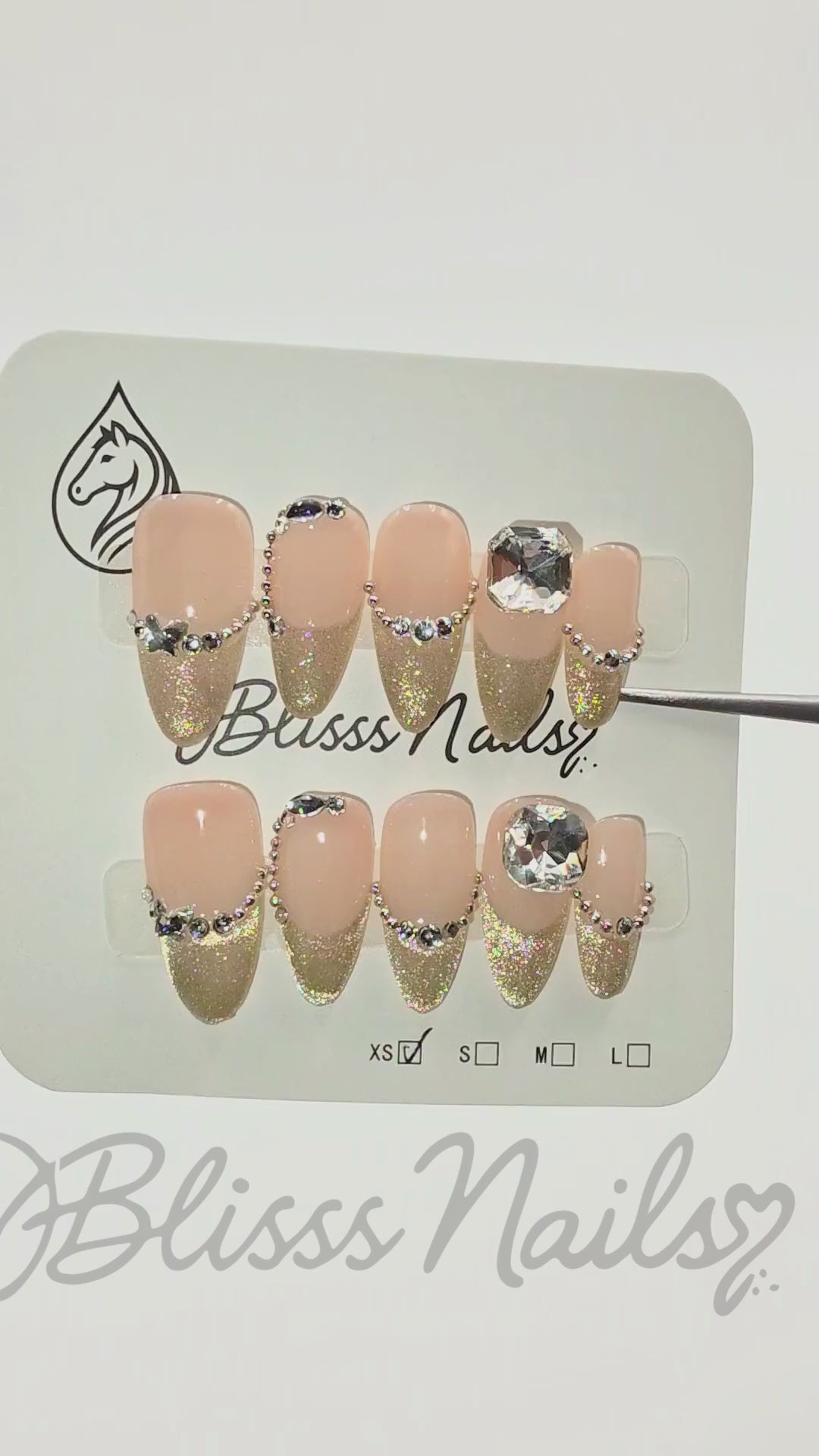 Blisss Nails Premium Handmade Nude Pink with Cat Eye Effect Gold French Fake Nails – Medium Almond Artificial Reusable Press On Nails with Crystal Rhinestones & Champagne Glitter Tips | Luxury Salon Finish 10 pc Nail Set