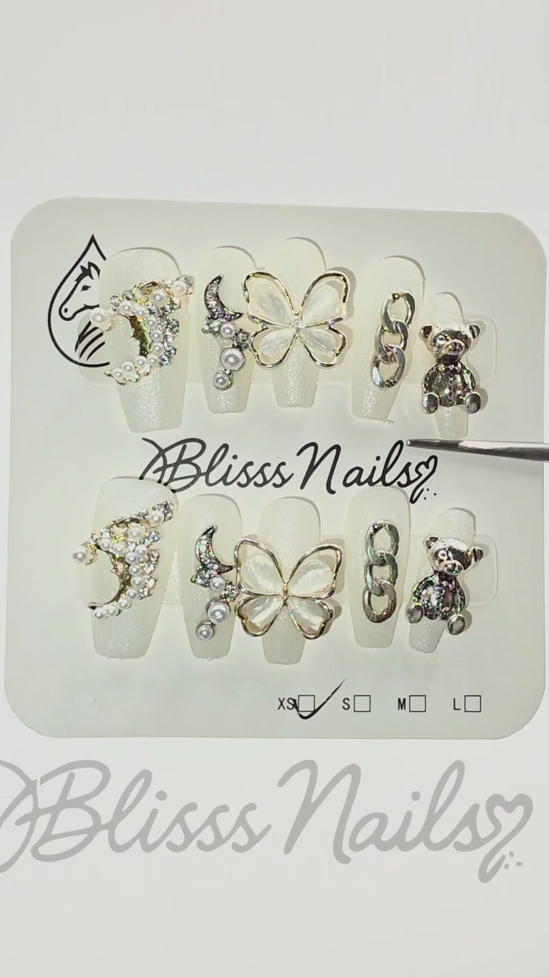Blisss Nails Handmade 3D Charm Press On Nails – Luxury Pearl White Reusable Artificial Fake Nails with Butterfly, Moon & Teddy Charms | Premium Statement Nail Art 10 pc Nail Set