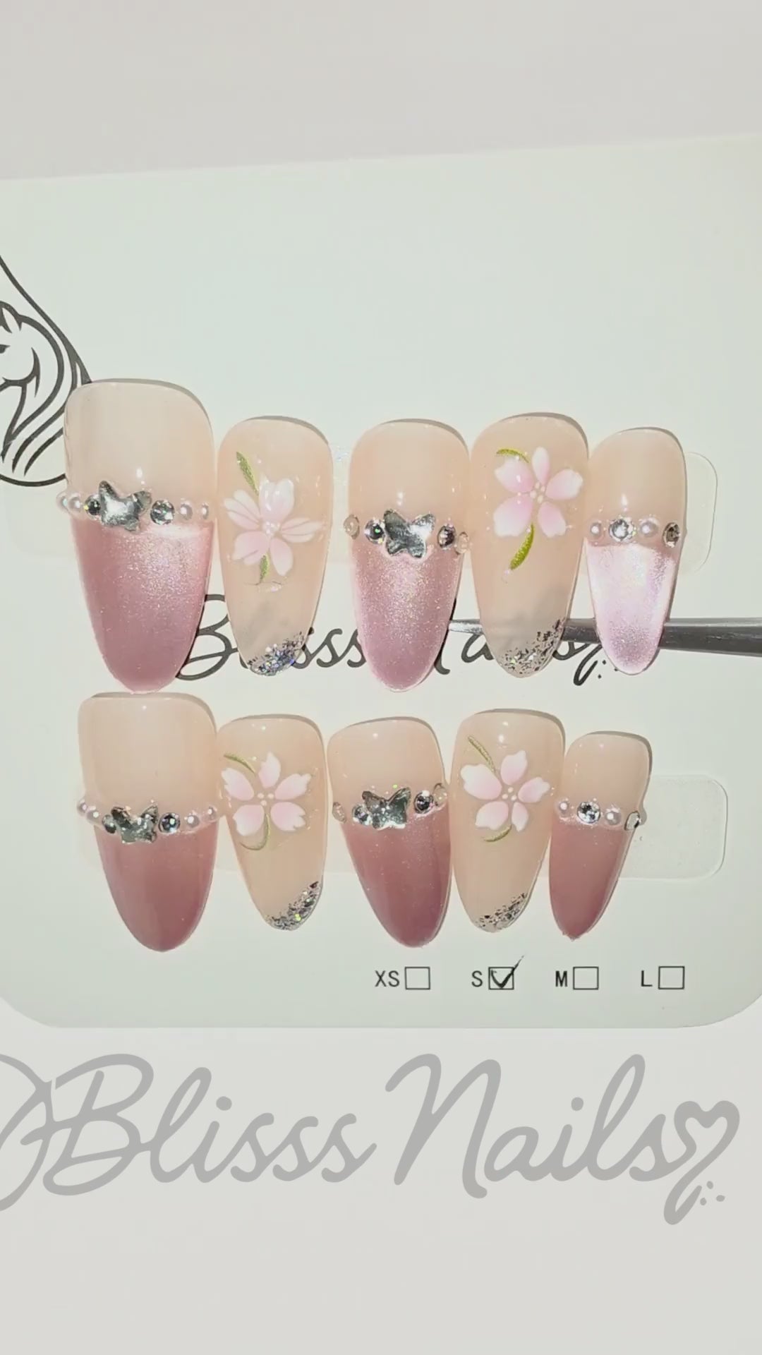 Blisss Nails Premium Handmade Pink Ombre with Cat Eye Effect Fake Nails – Almond Artificial Reusable Press On Nails with 3D Floral Art, Butterfly Charm & Rhinestones | Elegant Salon Finish 10 pc Nails Set