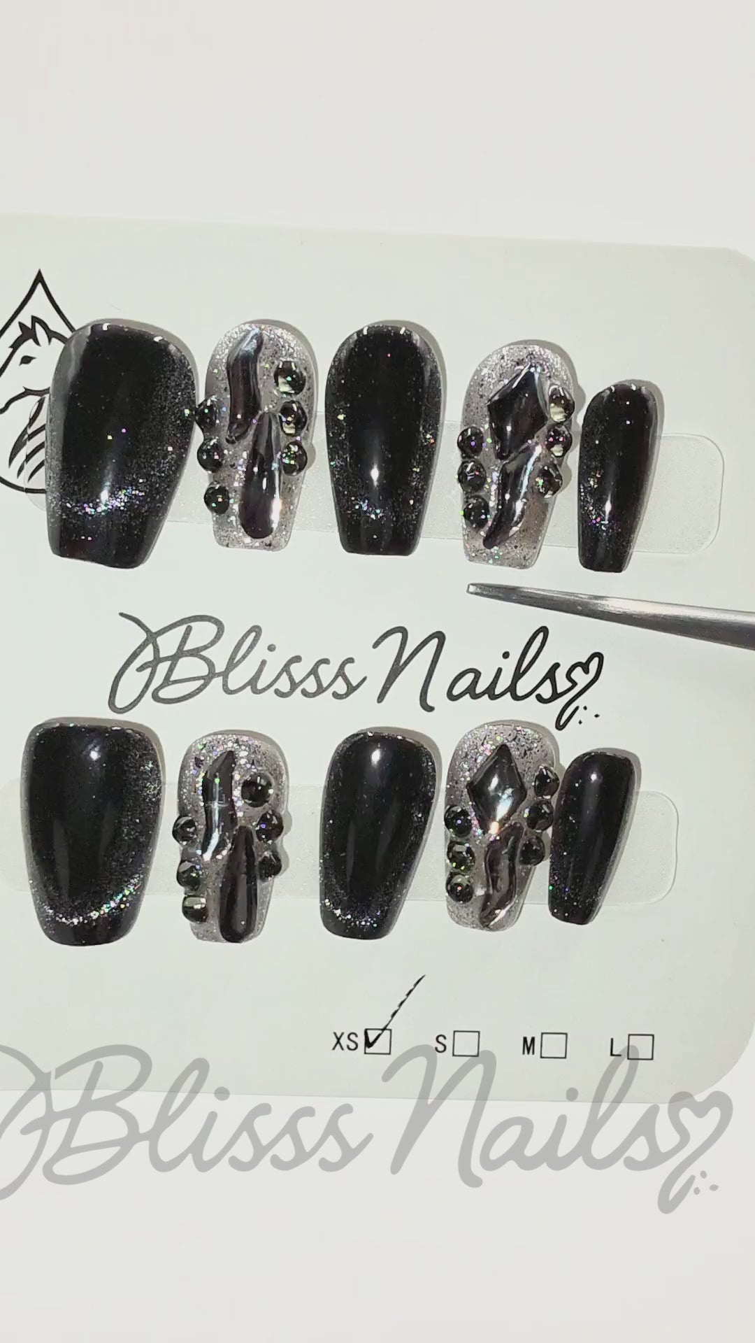 Blisss Nails Handmade Black Glitter Ombre with Cat Eye Effect Press On Nails – Short Coffin Reusable Artificial Fake Nails with Rhinestones & Chrome Accents | Premium Luxury Nail Art 10 pc Nails Set