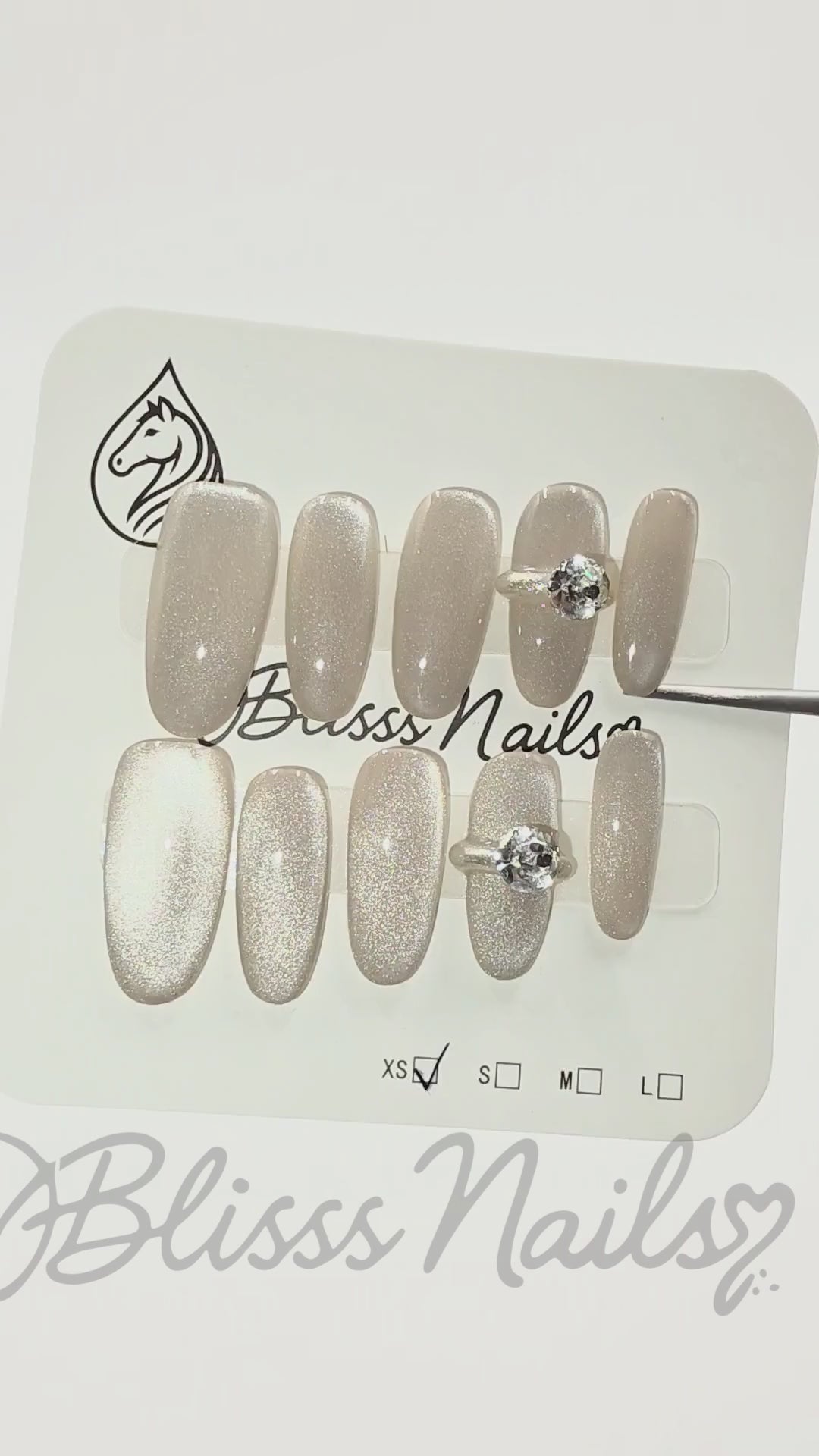 Blisss Nails Premium Handmade Nude Glossy with Cat Eye effect Fake Nails – Long Coffin Artificial Reusable Press On Nails with Crystal Accent | Elegant Salon Finish for Women 10-pc Nail Set