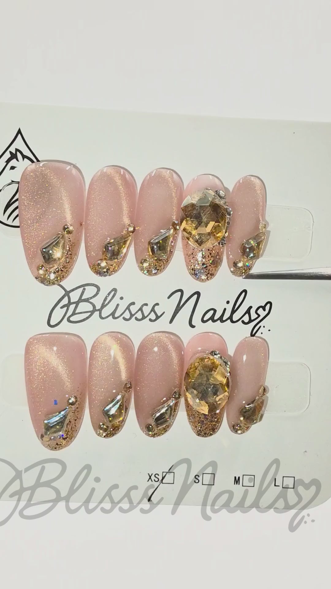 Blisss Nails Handmade Pink Peach Gold Crystal Press On Nails Medium Almond Reusable Artificial Fake Nails with Rhinestones & Glitter Accent | Premium Luxury Nail Art 10 pc Nails Set