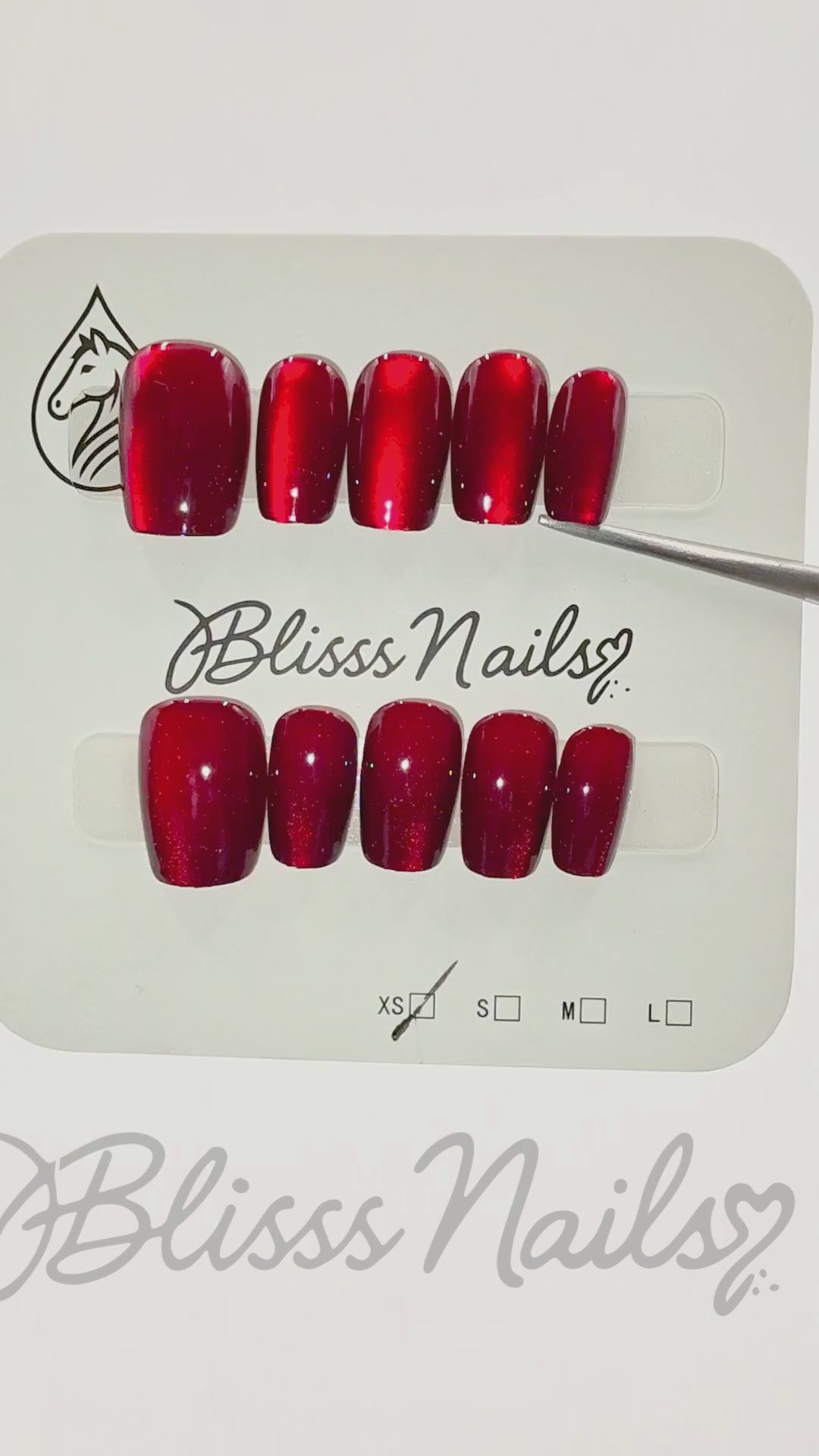 Blisss Nails Handmade Premium Press On Nails -  Maroon Red Cherry Velvet Cat Eye Magnetic Effect, Reusable Artificial Nails, Short Square Round Shape, Luxury Shimmer Finish Salon-Quality False Nails 10 Pcs Nail Set