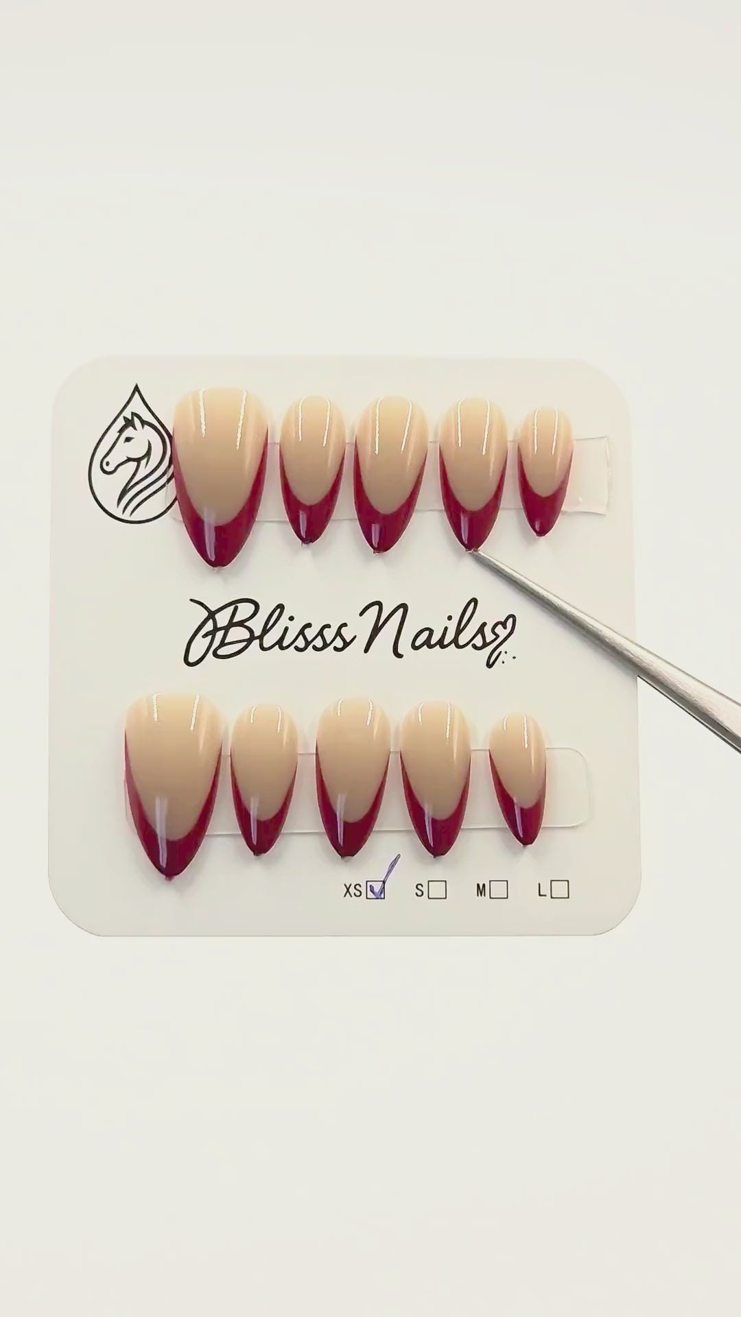 Blisss Nails Essential Machine-Made Press On Nails - Nude with Deep Mulberry Red French V-Tip, Reusable Artificial Nails, Short Almond Shape, High-Gloss Salon-Style False Nails 10 Pcs Nail Set