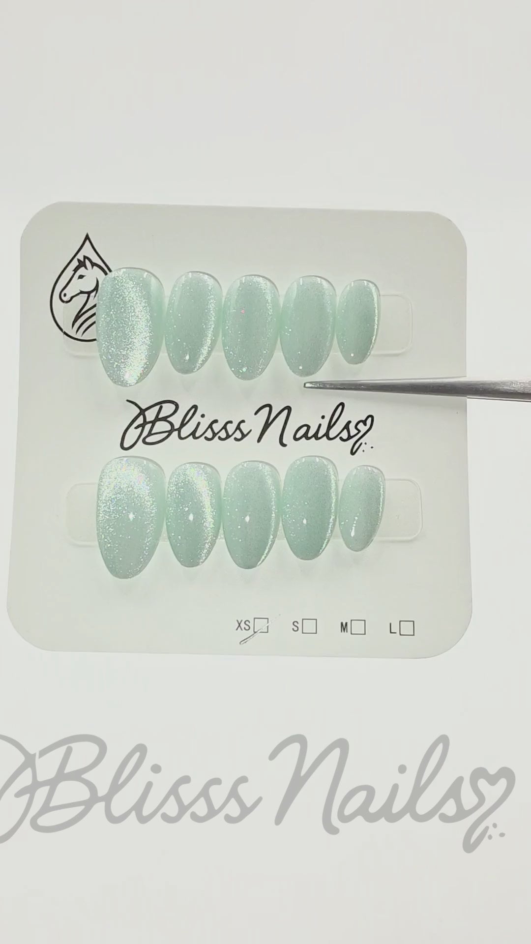 Blisss Nails Handmade Premium Press On Nails - Icy Seafoam Blue/Green Cat Eye Magnetic Effect, Reusable Artificial Nails, Short Almond Stiletto Shape, Luxury Shimmer Finish Salon-Quality Fake Nails 10 Pcs Nail Set