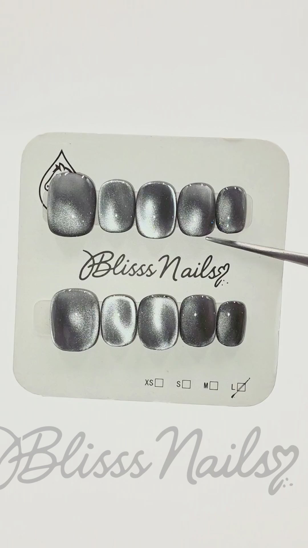 Blisss Nails Handmade Premium Press On Nails – Grey Gunmetal Slate Silk Cat Eye Magnetic Effect, Reusable Artificial Nails, Short Square Round Shape, Luxury Shimmer Finish Salon-Quality Fake Nails 10 Pcs Nail Set