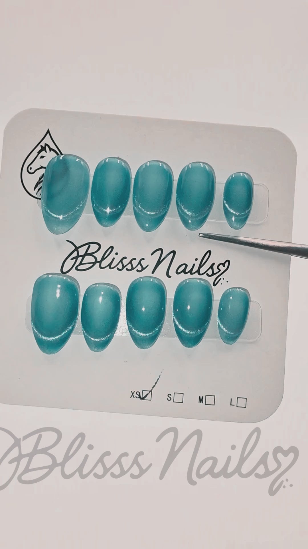 Blisss Nails Handmade Premium Press On Nails - French Blue Halo Cat Eye Magnetic Effect, Reusable Artificial Nails, Short Almond Stiletto Shape, Luxury Shimmer Finish Salon-Quality False Nails 10 Pcs Nail Set