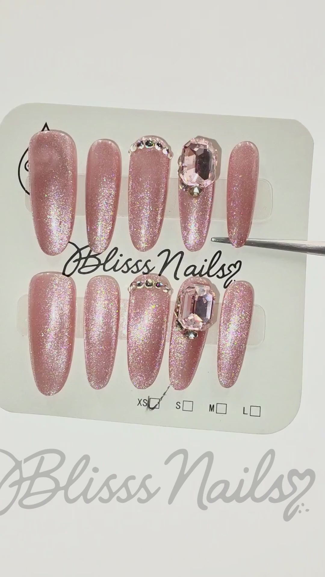 Blisss Nails Press on Nails Coffin Shape Pink Dusty Mauve Cat Eye Crystal Luxury 10 Pcs Nail Set