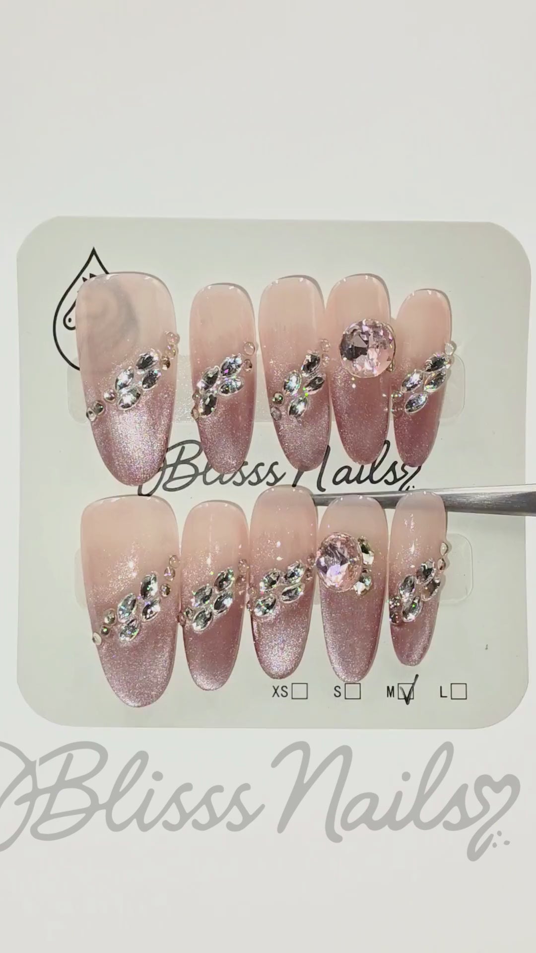 Blisss Nails Press On Nails Long Almond Shape Nude Brownish Pink Crystal Ombre Luxury 10 Pcs Nail Set