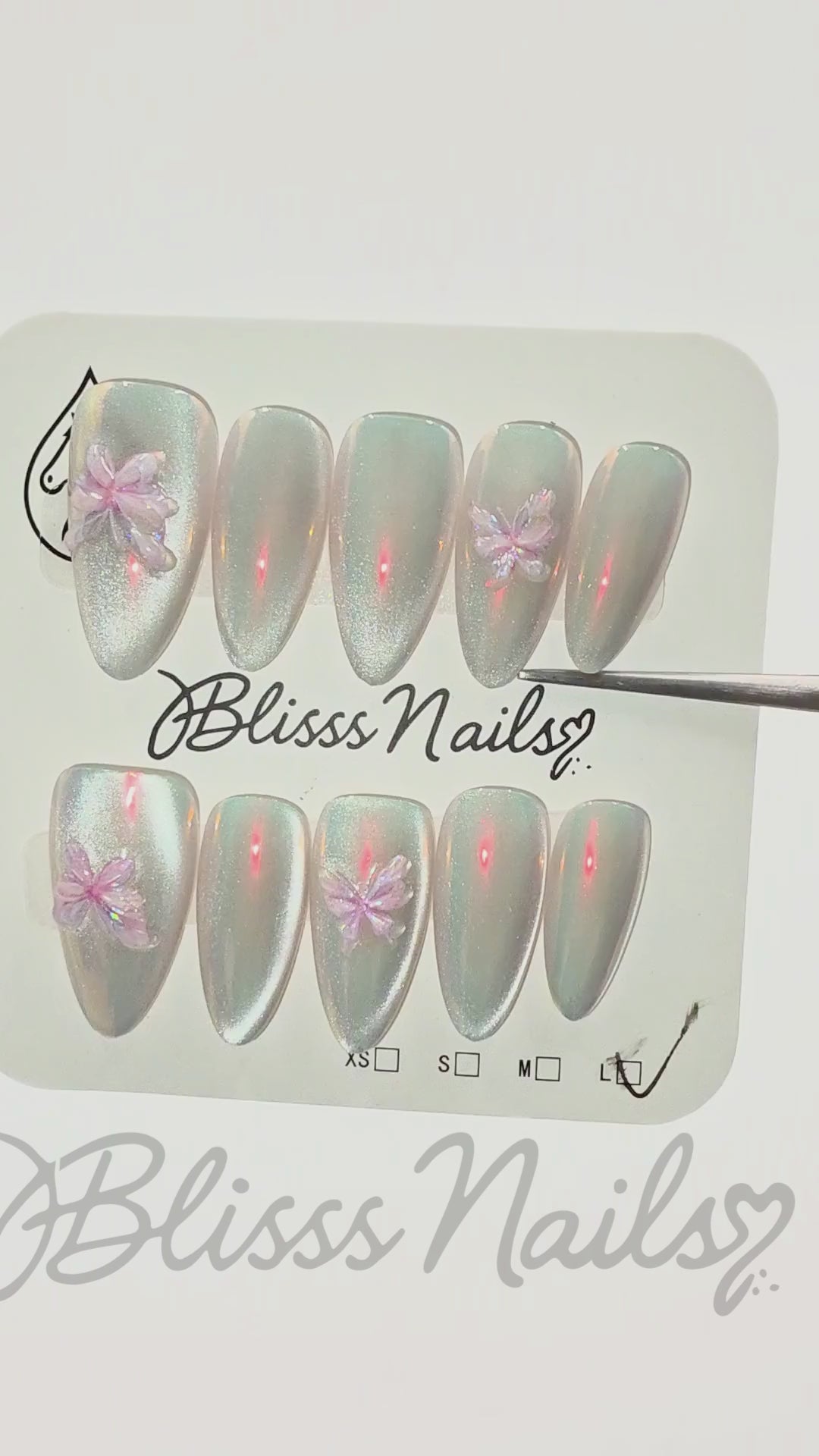 Blisss Nails Handmade Pearl Ombre with Cat Eye Effect Floral Press On Nails – Long Almond Reusable Artificial Fake Nails | Premium Shimmer Flower Nail Art !0 Pc Nails Set