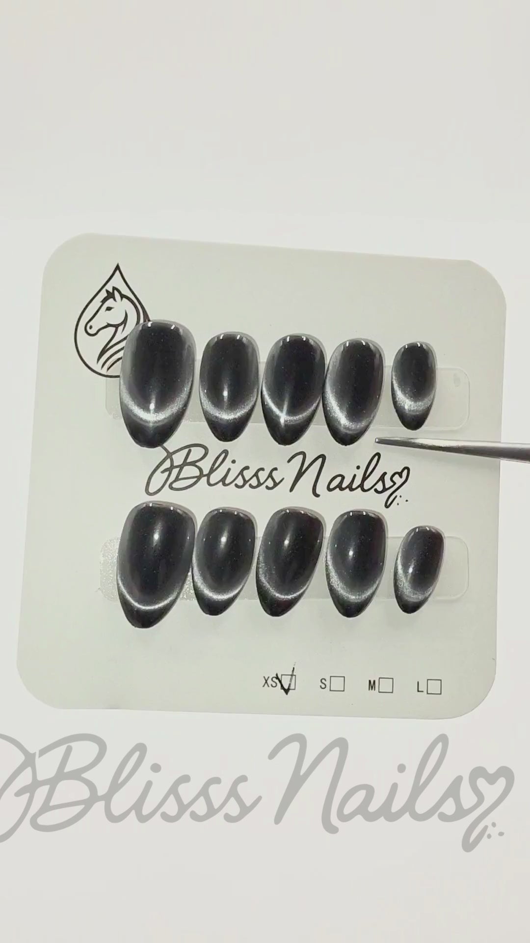 Blisss Nails Handmade Premium Press On Nails – Black Obsidian Velvet Halo Cat Eye Magnetic Effect, Reusable Artificial Nails, Short Almond Stiletto Shape, Luxury Shimmer Finish Salon-Quality False Nails 10 Pcs Nail Set