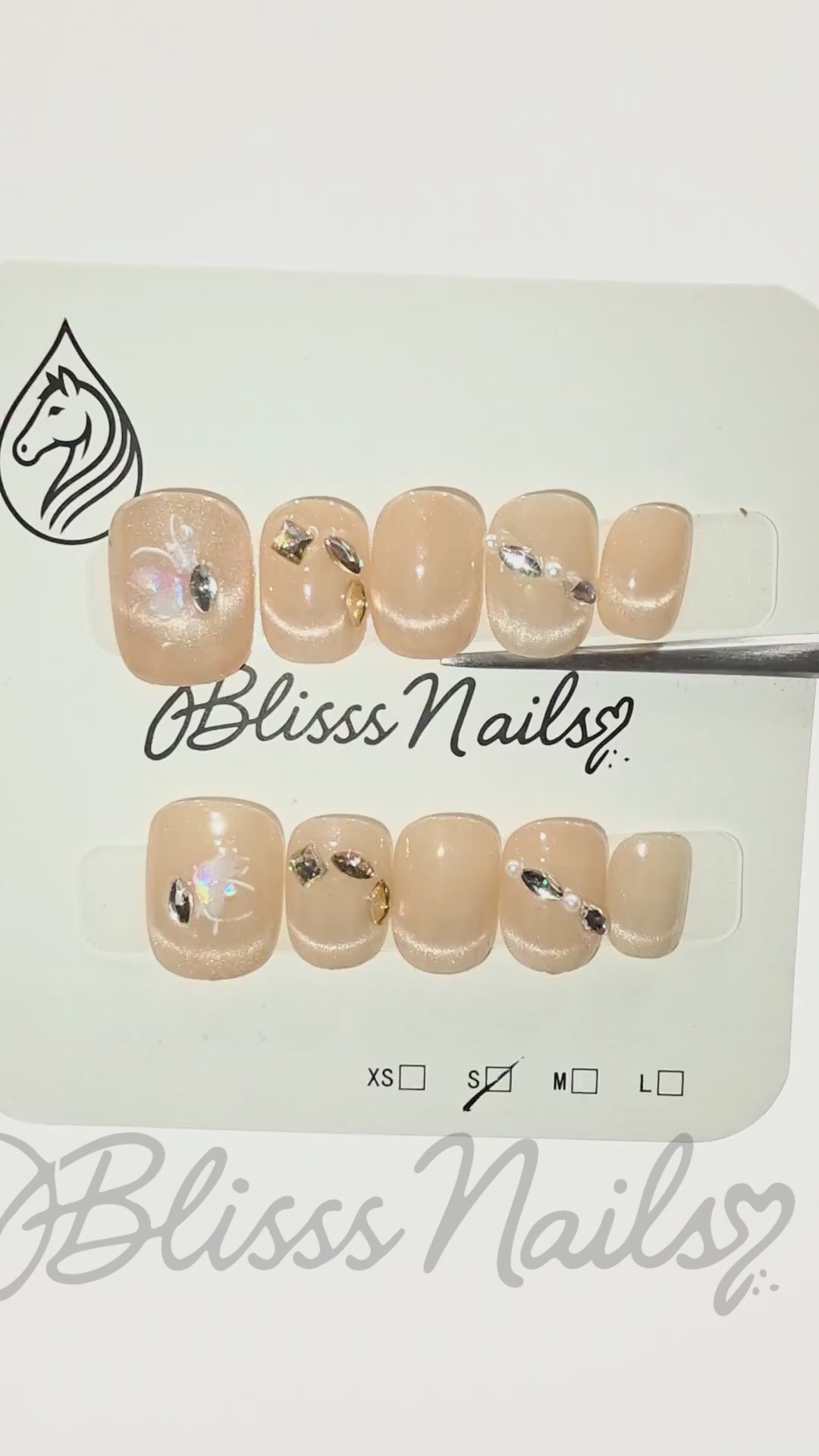 Blisss Nails Premium Handmade Nude Floral Fake Nails – Short Square Artificial Reusable Press On Nails with Rhinestones & 3D Flower Art for Women | Elegant Salon Finish 10 pc Nail Se