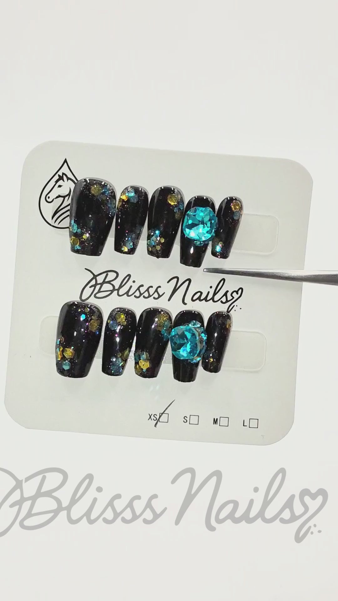 Blisss Nails Premium Handmade Black Glitter Fake Nails – Coffin Artificial Reusable Press On Nails with Blue Crystal & Gold Geometric pattern Foil for Women | Luxury Salon Finish  10 pc Nails set