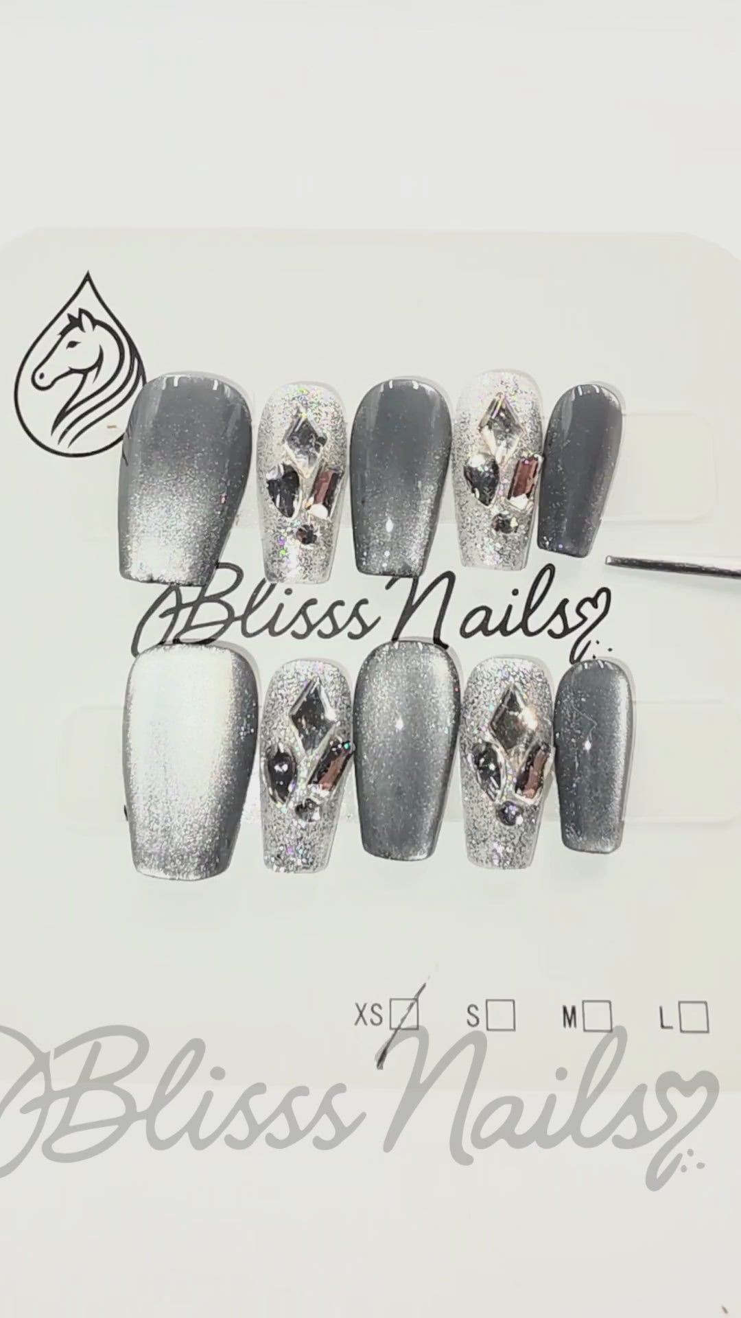 Blisss Nails Premium Handmade Black with Cat Eye Effect & Silver Glitter Fake Nails – Coffin Artificial Reusable Press On Nails with Crystal Rhinestone Design for Women | Luxury Salon Finish 10 pc Nail Set