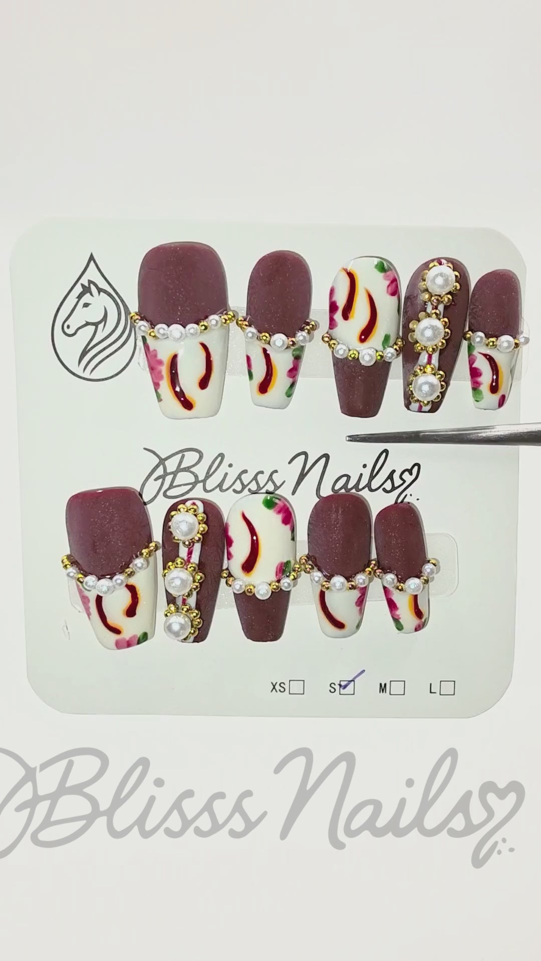 Blisss Nails Press on Nails Coffin Shape Burgundy Floral Pearl Luxury 10 Pcs Nail Set