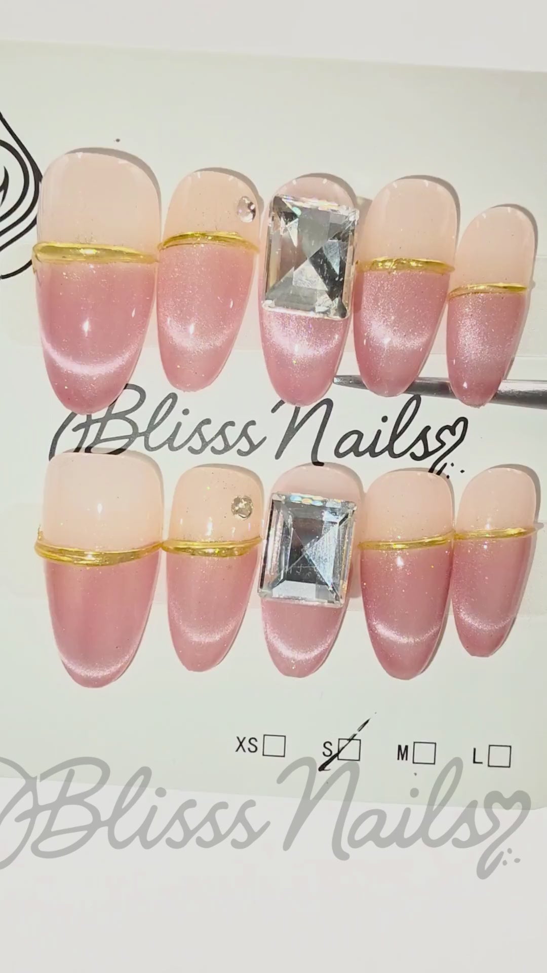 Blisss Nails Premium Handmade Pink French Tip with cat Eye Effect Fake Nails – Short Almond Artificial Reusable Press On Nails with Gold Line Detail & Crystal Accent | Elegant Salon Finish  10 pc Nail Set