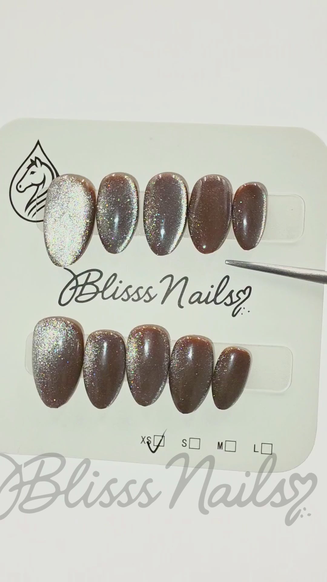 Blisss Nails Handmade Premium Press On Nails - Deep Charcoal Grey Cat Eye Magnetic Effect, Reusable Artificial Nails, Short Almond Stiletto Shape, Luxury Shimmer Finish Salon-Quality 10 Pcs Nail Set