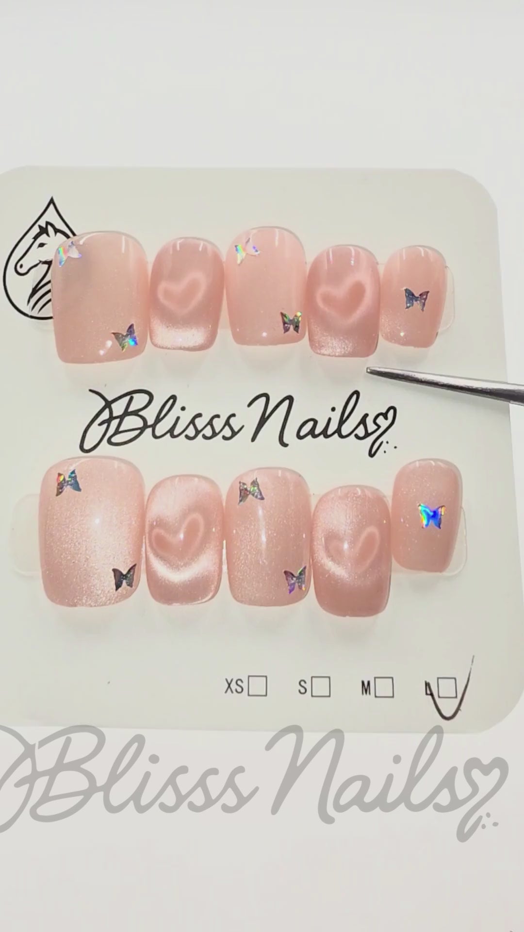 Blisss Nails Handmade Pink Peach Heart with Cat Eye Effect Butterfly Press On Nails – Short Square Reusable Artificial Fake Nails | Premium Cute Glossy Nail Art 10 Pc Nail Set