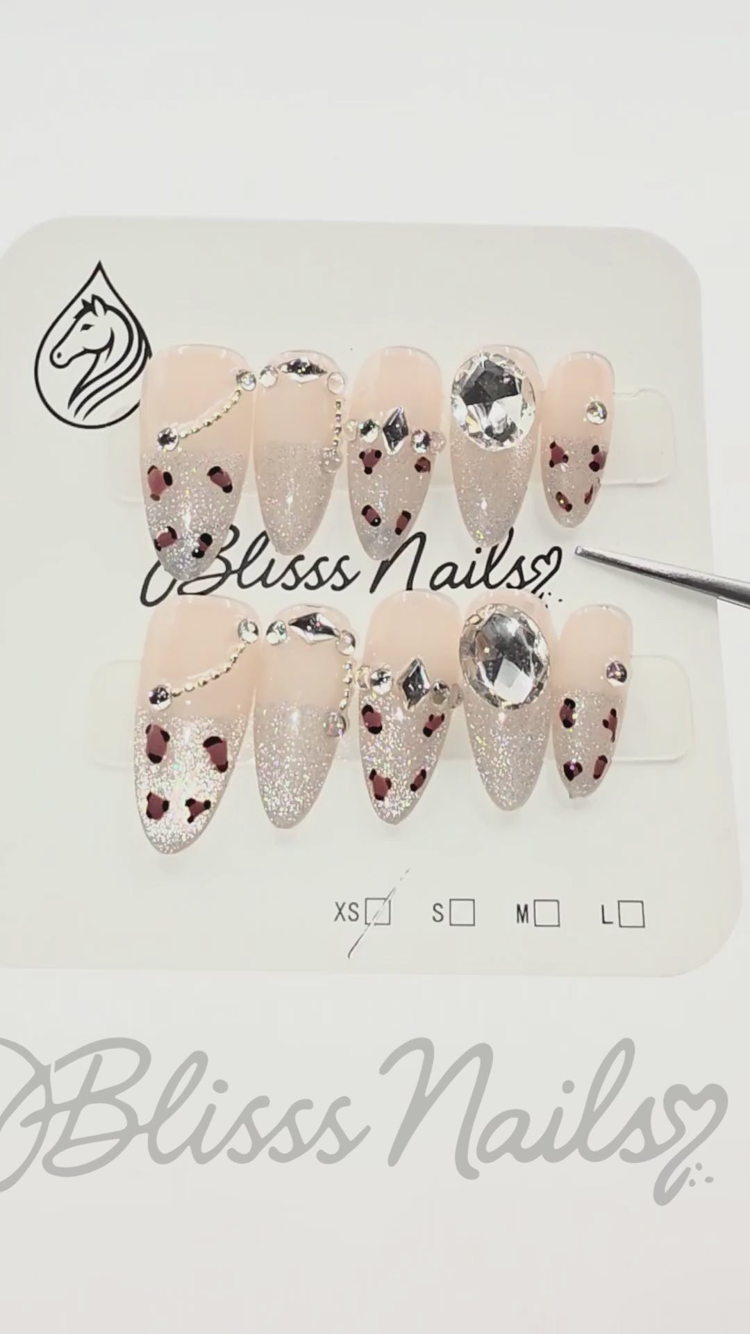 Blisss Nails Premium Handmade Nude & Silver Glitter Fake Nails – Long Almond Artificial Reusable Press On Nails with Rhinestones & Leopard Design for Women | Luxury Salon Finish 10 pc Nail set
