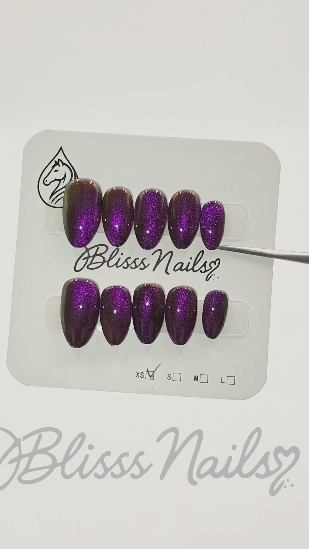 Blisss Nails Handmade Premium Press On Nails - Royal Amethyst Deep Purple Cat Eye Magnetic Effect, Reusable Artificial Nails, Short Almond Stiletto Shape, Luxury Shimmer Finish Salon-Quality False Nails 10 Pcs Nail Set