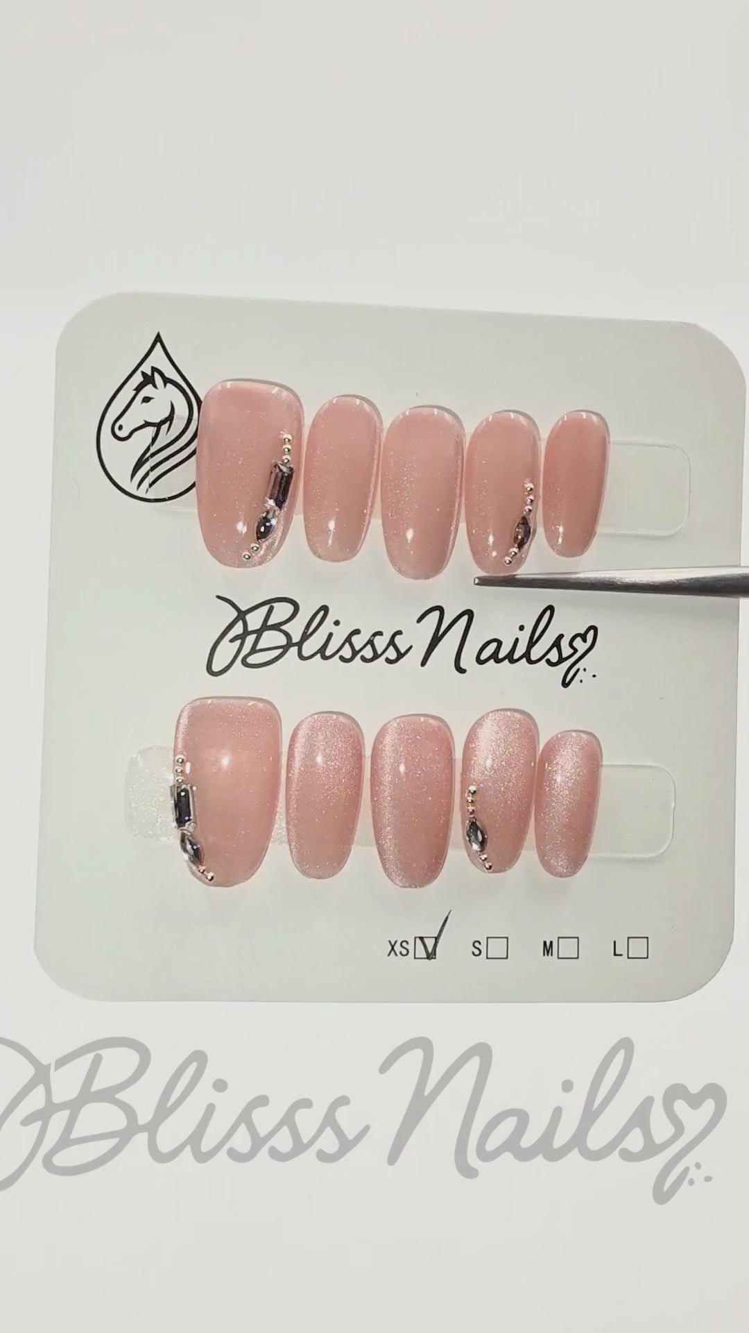 Blisss Nails Handmade Peach Nude with cat Eye Effect Press On Nails – Medium Almond/Oval Reusable Artificial Fake Nails with Crystal Accent | Premium Elegant Nail Art 10 Pc Nail Set